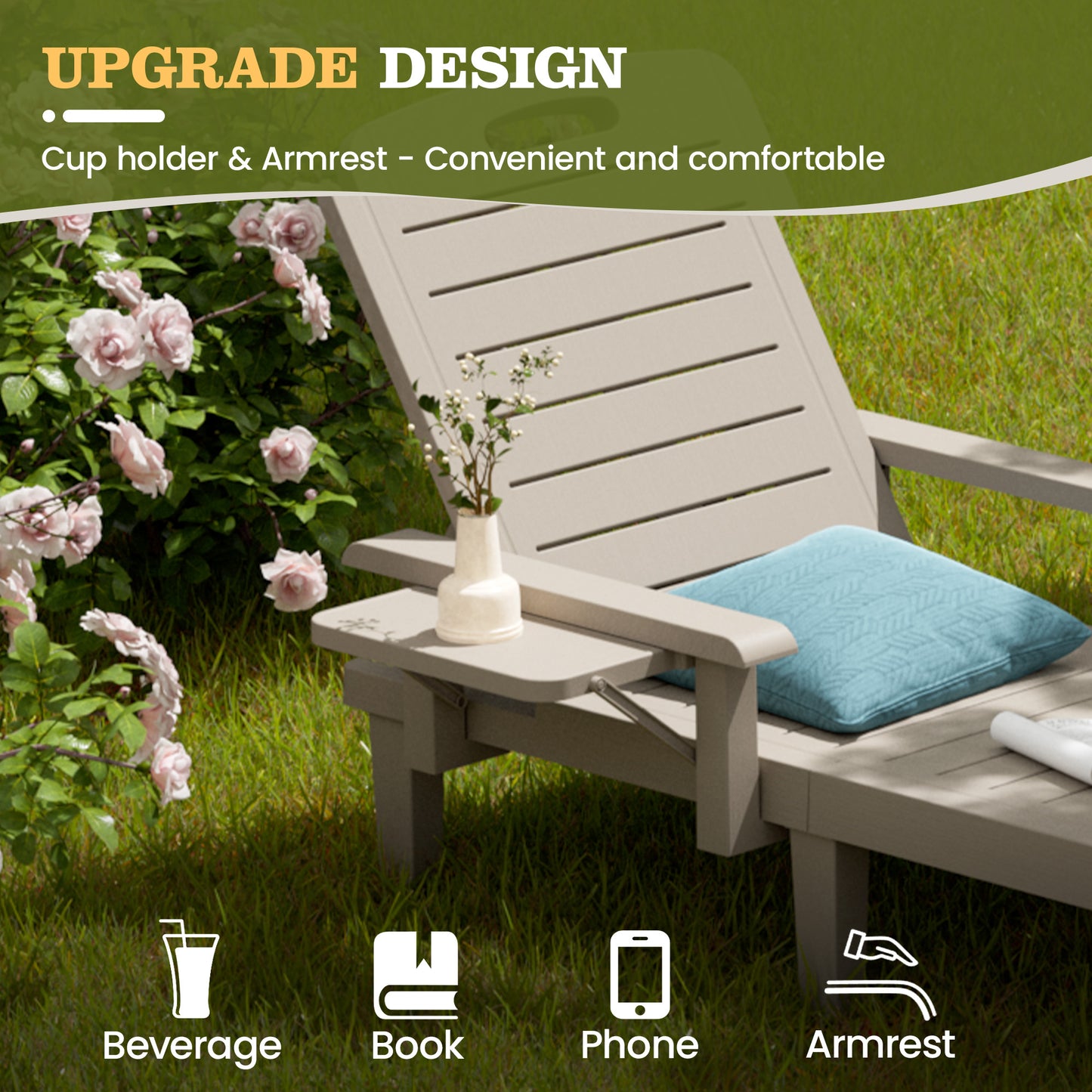 Vonzoy 2PCS Outdoor Lounge Chair with Armrests, Adjustable 5-level Height, Durable Resin, Easy to Clean, Patio Pool Chaise Chaise with Cup Holder