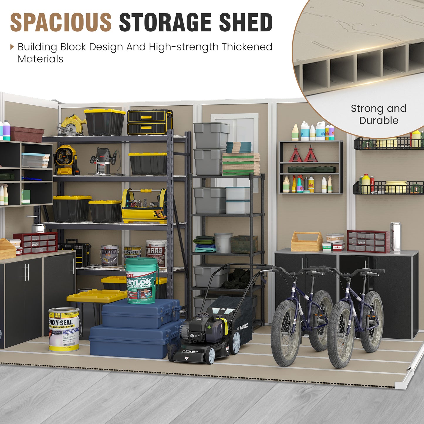 VONZOY Outdoor Storage Shed, 8x10 FT Resin Shed with Floor and Window, Lockable Door, Vents, Tool Sheds & Outdoor Storage for Bike, Tools, Garden Accessories, Waterproof
