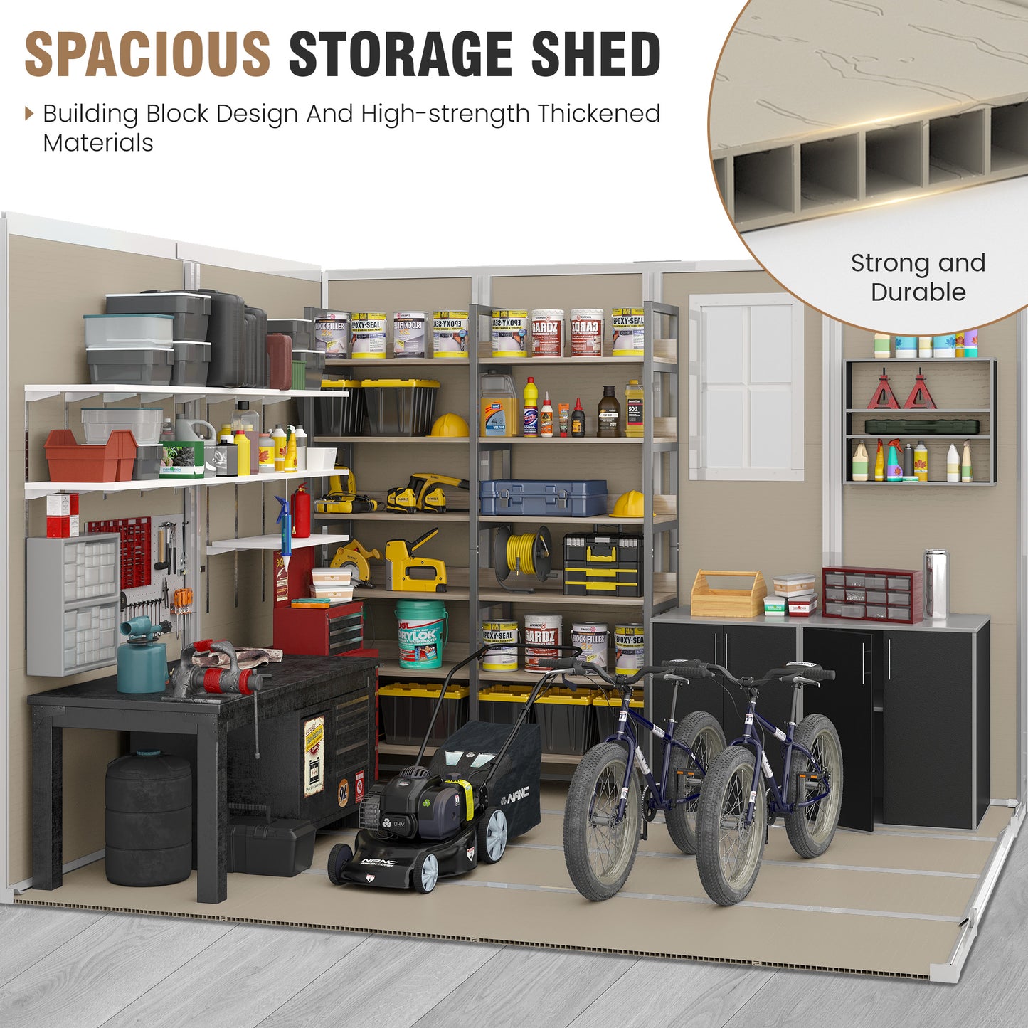 VONZOY Outdoor Storage Shed, 8x8 FT Resin Shed with Floor and Lockable Door, Window & Vents, Tool Sheds & Outdoor Storage for Bike, Garden Accessories, Tools, Waterproof