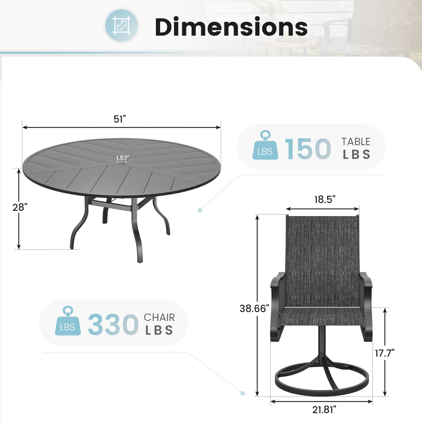 VONZOY 7 Pieces Patio Dining Set, Patio Outdoor Furniture Set of 6 Patio Swivel Dining Chairs and 51" Patio Spliced Round Tabletop with Umbrella Hole, for Deck, Backyard, Poolside & Garden