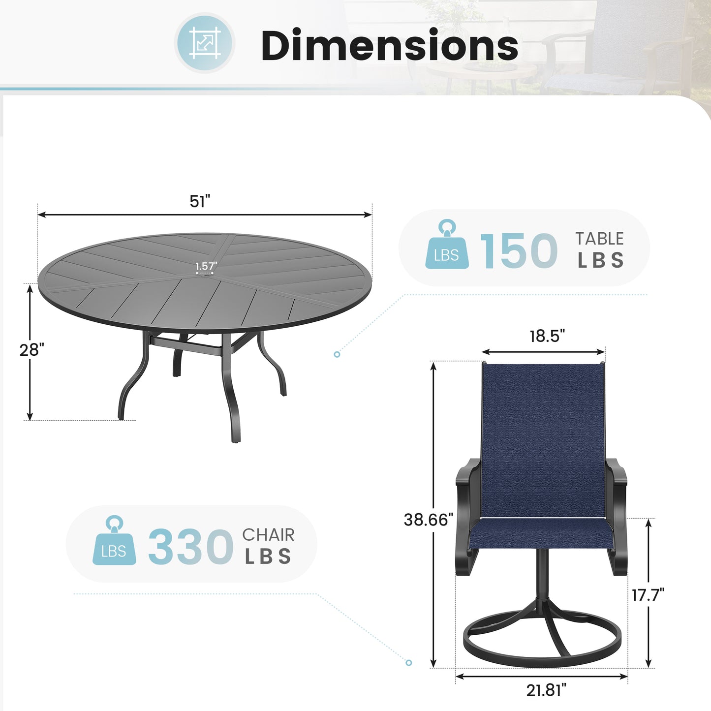 VONZOY 7 Pieces Patio Dining Set, Patio Outdoor Furniture Set of 6 Patio Swivel Dining Chairs and 51" Patio Spliced Round Tabletop with Umbrella Hole, for Deck, Backyard, Poolside & Garden