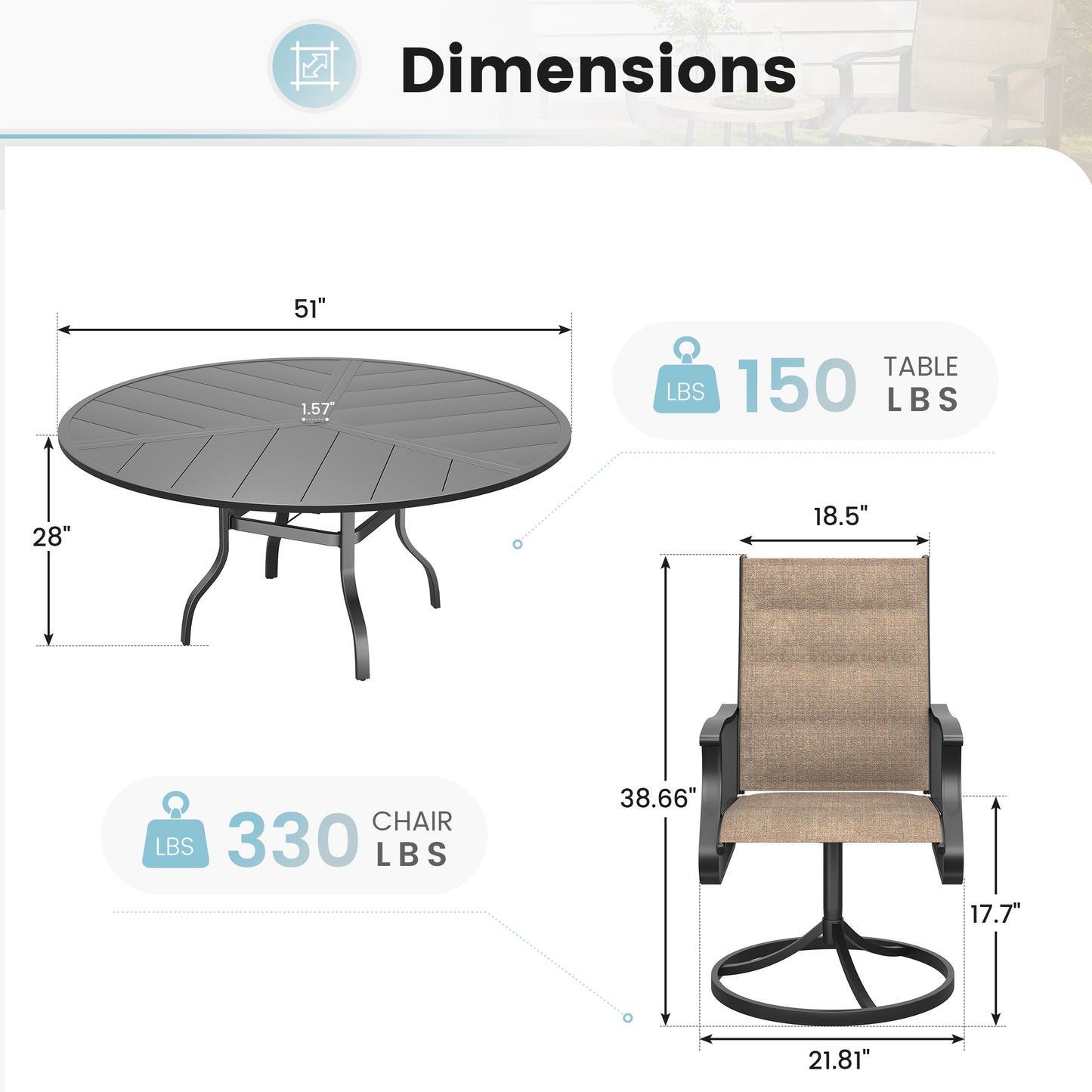 VONZOY 7 Pieces Patio Dining Set, Padded Patio Outdoor Furniture Set of 6 Patio Swivel Dining Chairs and 51" Patio Spliced Round Tabletop with Umbrella Hole, for Deck, Backyard, Poolside & Garden