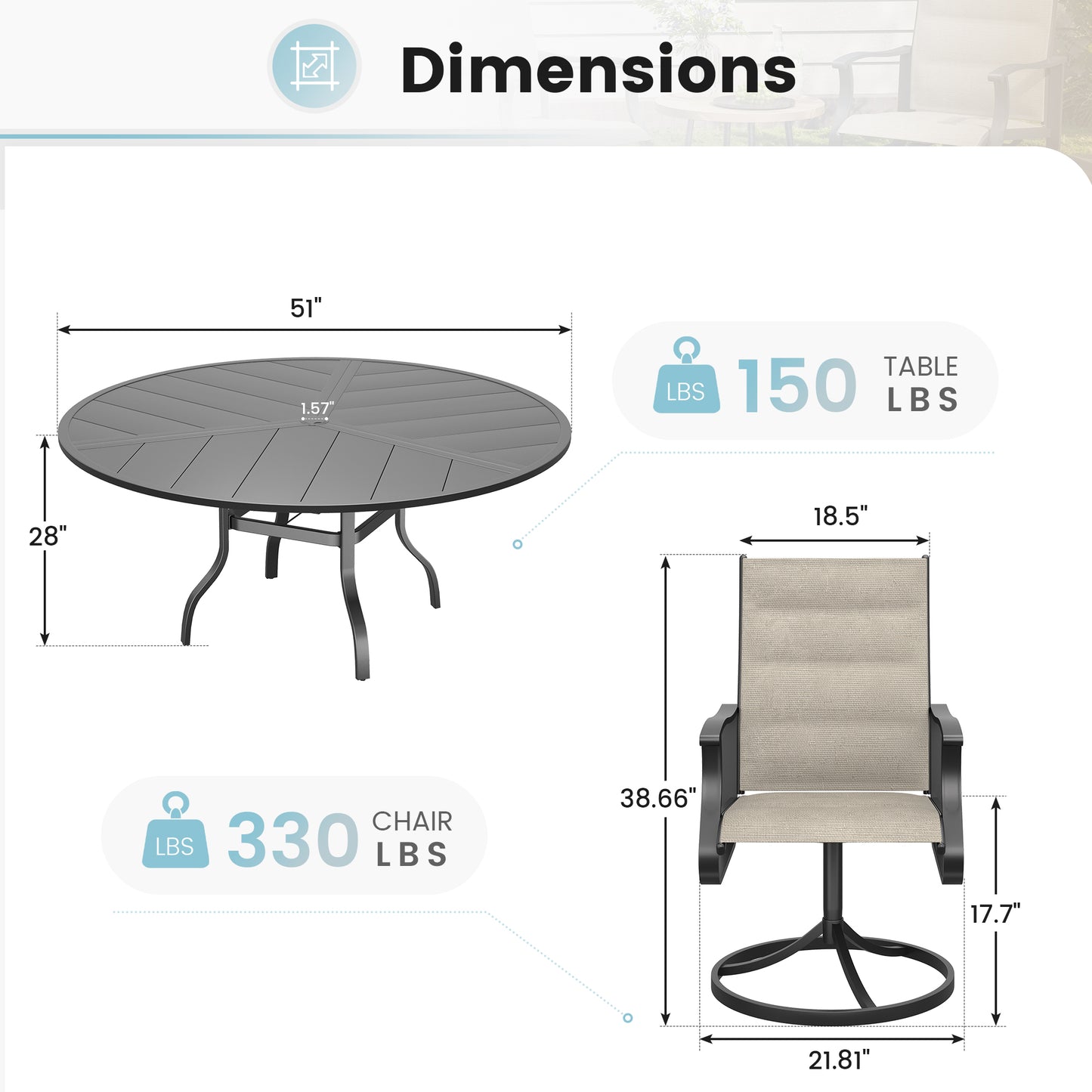 VONZOY 7 Pieces Patio Dining Set, Padded Patio Outdoor Furniture Set of 6 Patio Swivel Dining Chairs and 51" Patio Spliced Round Tabletop with Umbrella Hole, for Deck, Backyard, Poolside & Garden