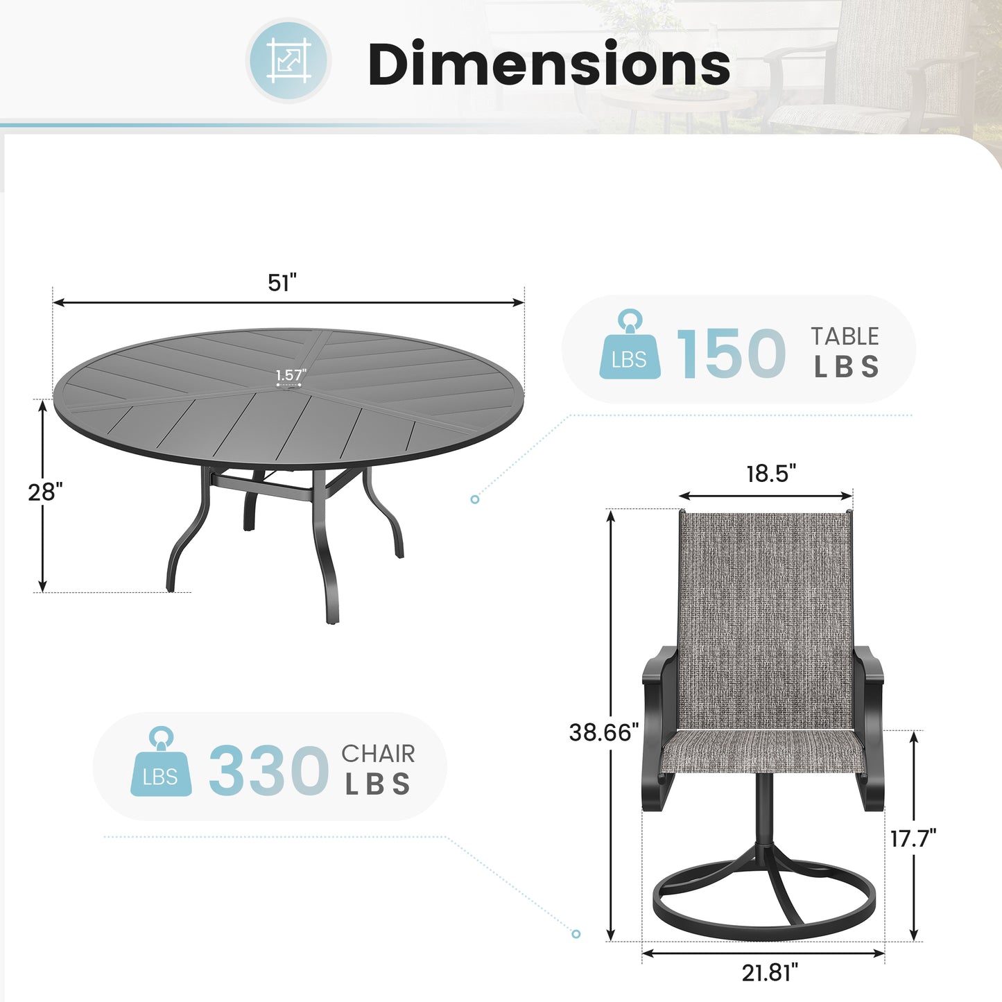 VONZOY 7 Pieces Patio Dining Set, Patio Outdoor Furniture Set of 6 Patio Swivel Dining Chairs and 51" Patio Spliced Round Tabletop with Umbrella Hole, for Deck, Backyard, Poolside & Garden