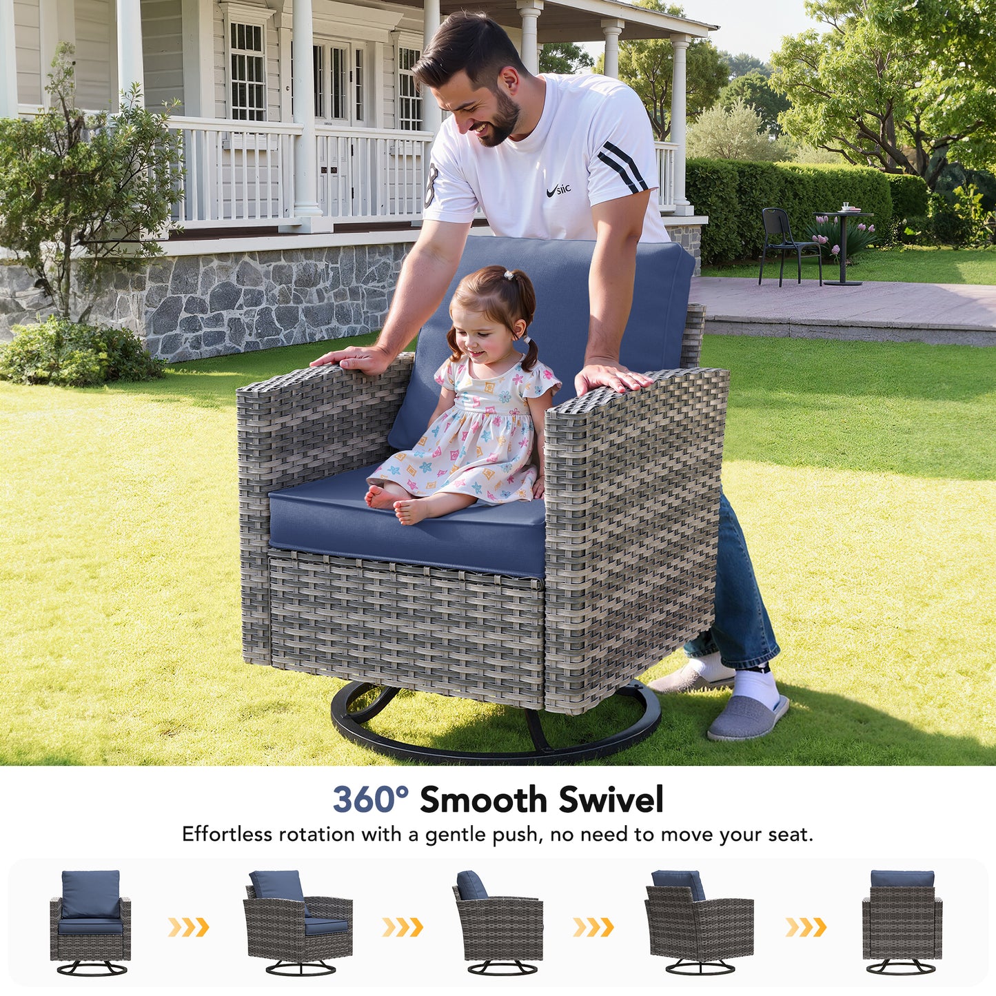 VONZOY Patio Furniture Sets, 6 Pieces Patio Outdoor Sectional Furniture, Wicker Rattan Conversation Sofa with Rocking Chair, Ottomans, Side Table, Navy Blue Cushion