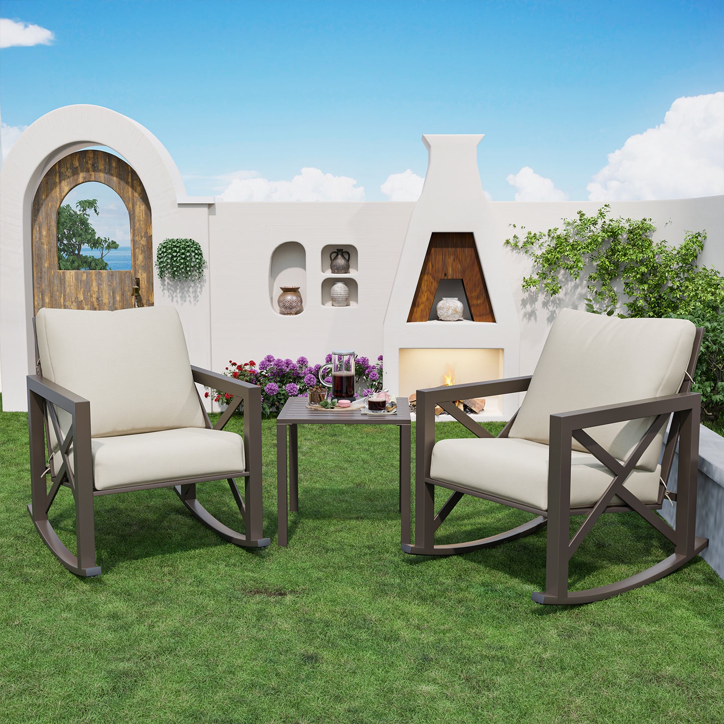 VONZOY Outdoor Rocking Bistro Set, Patio Rocking Chairs Set of 2 with Coffee Table, 3 Pieces Metal Conversation Sets with 6.5" Thick Cushions for Backyard, Porch, Poolside, Oversized (Beige)