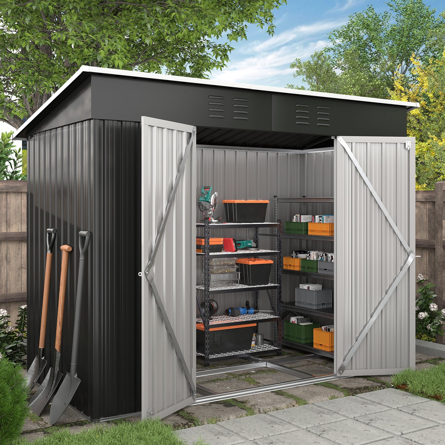 VONZOY 8x4FT Outdoor Storage Shed, Galvanized Steel Outdoor Storage Shed Metal Garden Shed with Lockable Door for Bike, Garbage Can,Tool Shed for Patio, Backyard, Lawn(Grey)