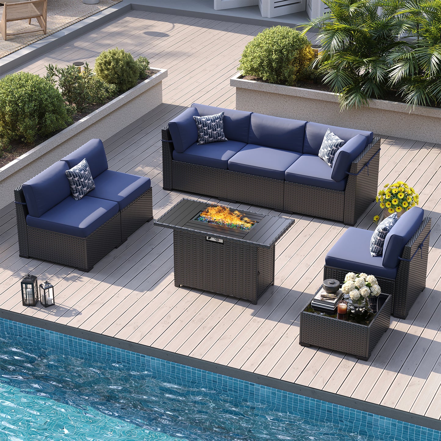 VONZOY 8-Piece Patio Furniture Set with 44” Fire Pit Table - All-Weather Wicker Conversation Sectional Sofa & Coffee Table with Thickened Cushions for Backyard, Garden(Navy Blue)