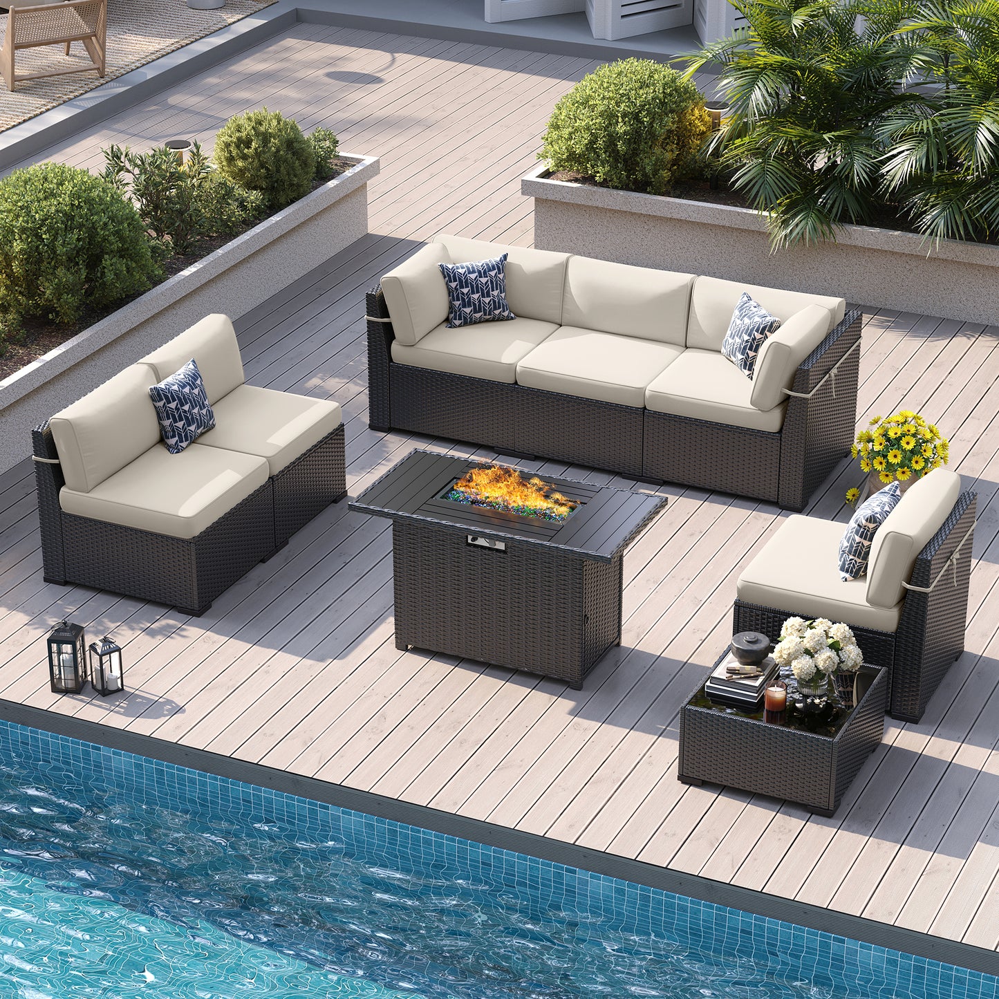 VONZOY Patio Furniture Sets, 7-Piece Outdoor Patio Furniture with Thick Cushions,Coffee Table Outdoor All-Weather Conversation Set Sectional Sofa for Backyard, Poolside, Garden(Khaki)