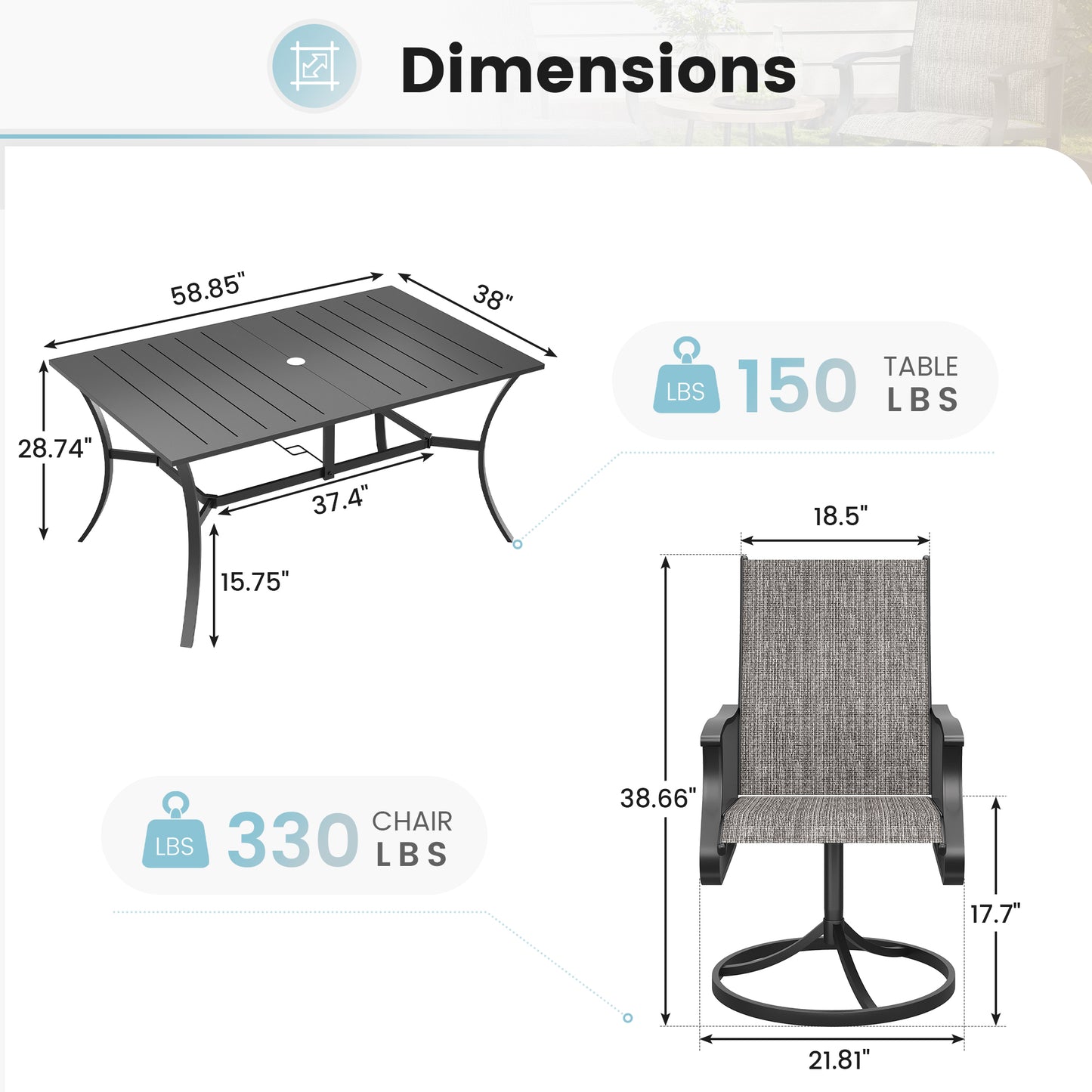 VONZOY 7 Pieces Patio Dining Set, Patio Outdoor Furniture Set of 6 Patio Swivel Dining Chairs and Patio Spliced Rectangular Tabletop with Umbrella Hole, for Deck, Backyard, Poolside & Garden
