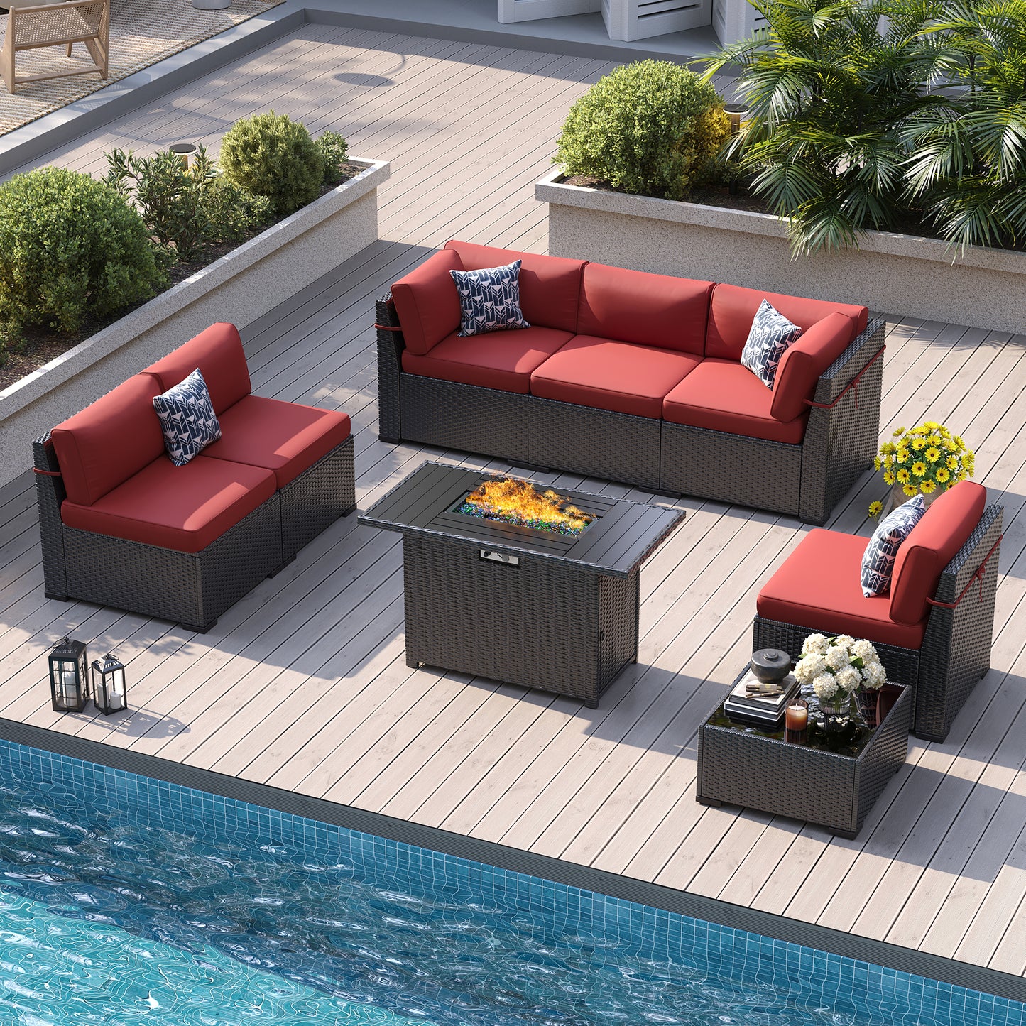VONZOY Patio Furniture Sets, 7-Piece Outdoor Patio Furniture with Thick Cushions,Coffee Table Outdoor All-Weather Conversation Set Sectional Sofa for Backyard, Poolside, Garden(Wine Red)