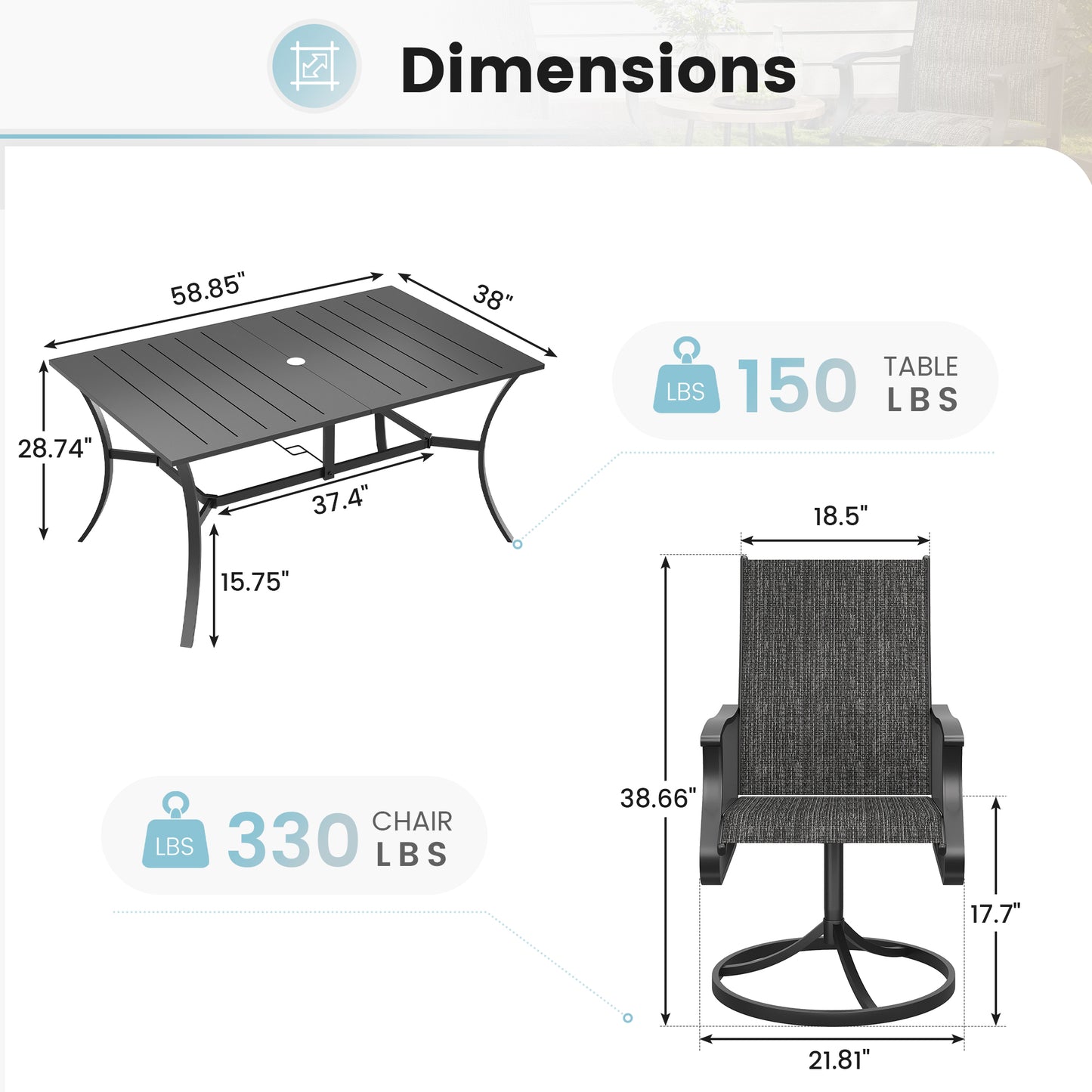 VONZOY 7 Pieces Patio Dining Set, Patio Outdoor Furniture Set of 6 Patio Swivel Dining Chairs and Patio Spliced Rectangular Tabletop with Umbrella Hole, for Deck, Backyard, Poolside & Garden