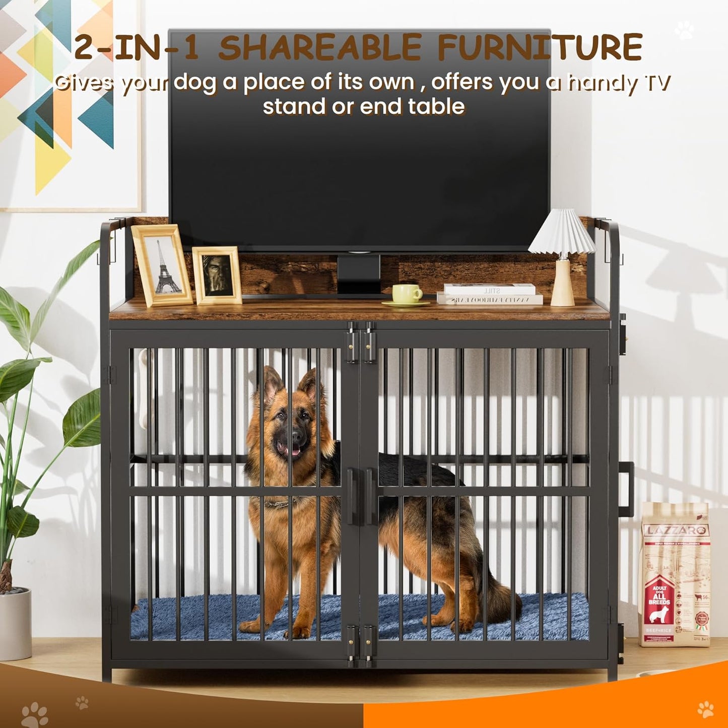 Dog Crate Furniture, 48" Heavy Duty Wooden Dog Crate End Table, XL Dog Kennel Furniture Large Breed, Decorative Dog Kennel Indoor, Double-Door Dog House