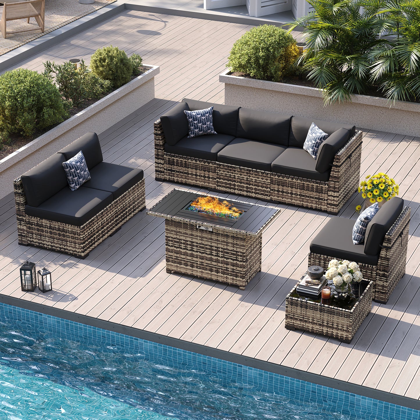 VONZOY 8-Piece Patio Furniture Set with 44” Fire Pit Table - All-Weather Wicker Conversation Sectional Sofa & Coffee Table with Thickened Cushions for Backyard, Garden(Black)