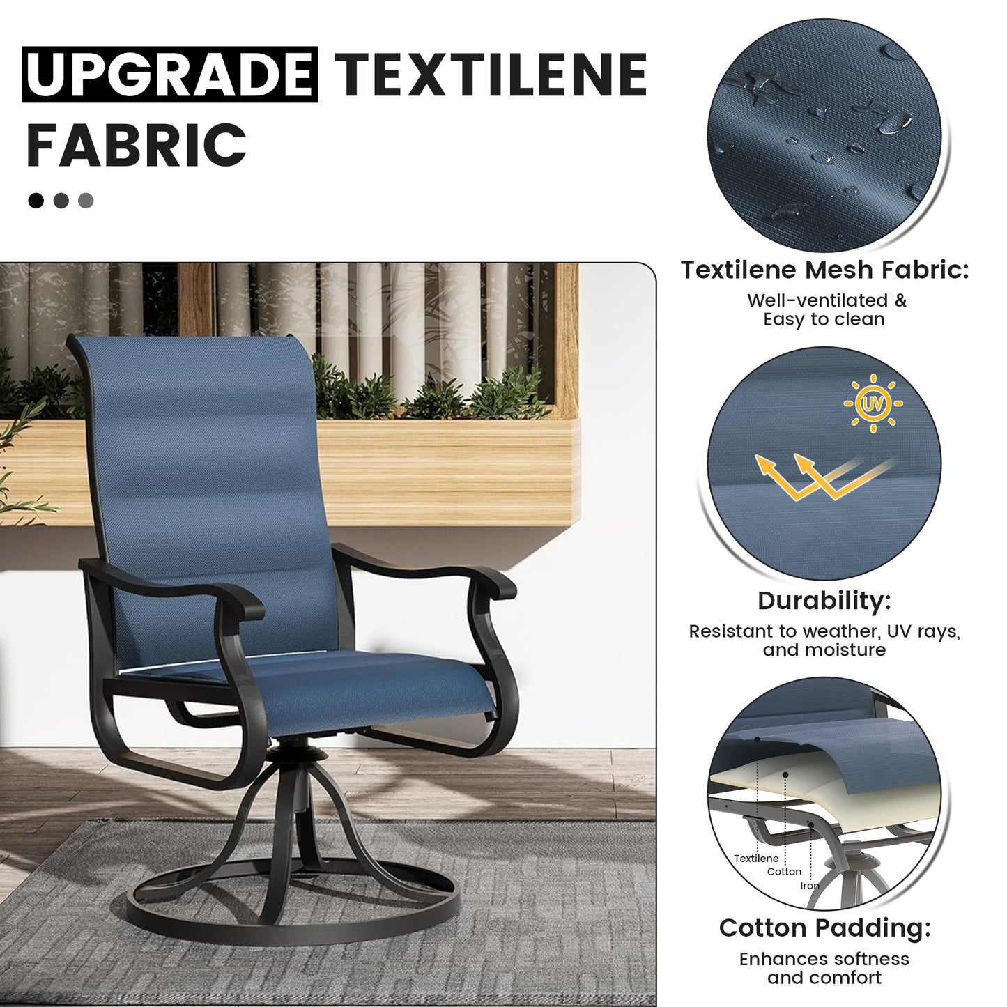 VONZOY Patio Swivel Chairs Set of 6, Outdoor Dining Chairs with High Back, All-weather Swivel Rocker Chair for Lawn, Porch or Garden (Padded Navy)