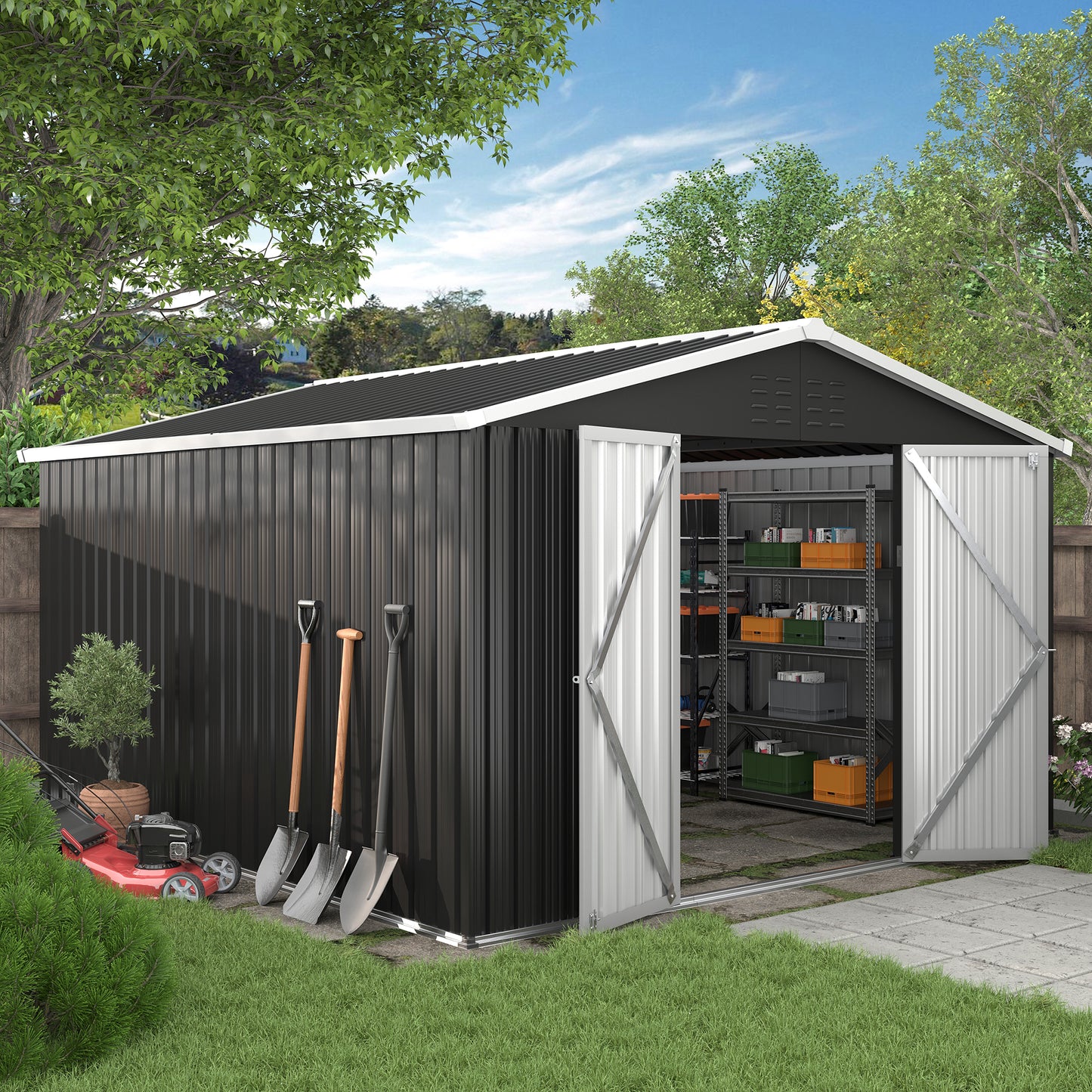 VONZOY 10x12 FT Outdoor Storage Shed, Metal Shed Garden Shed with Lockable Door for Bike, Garbage Can, Tool Shed for Backyard, Patio, Lawn(Grey)