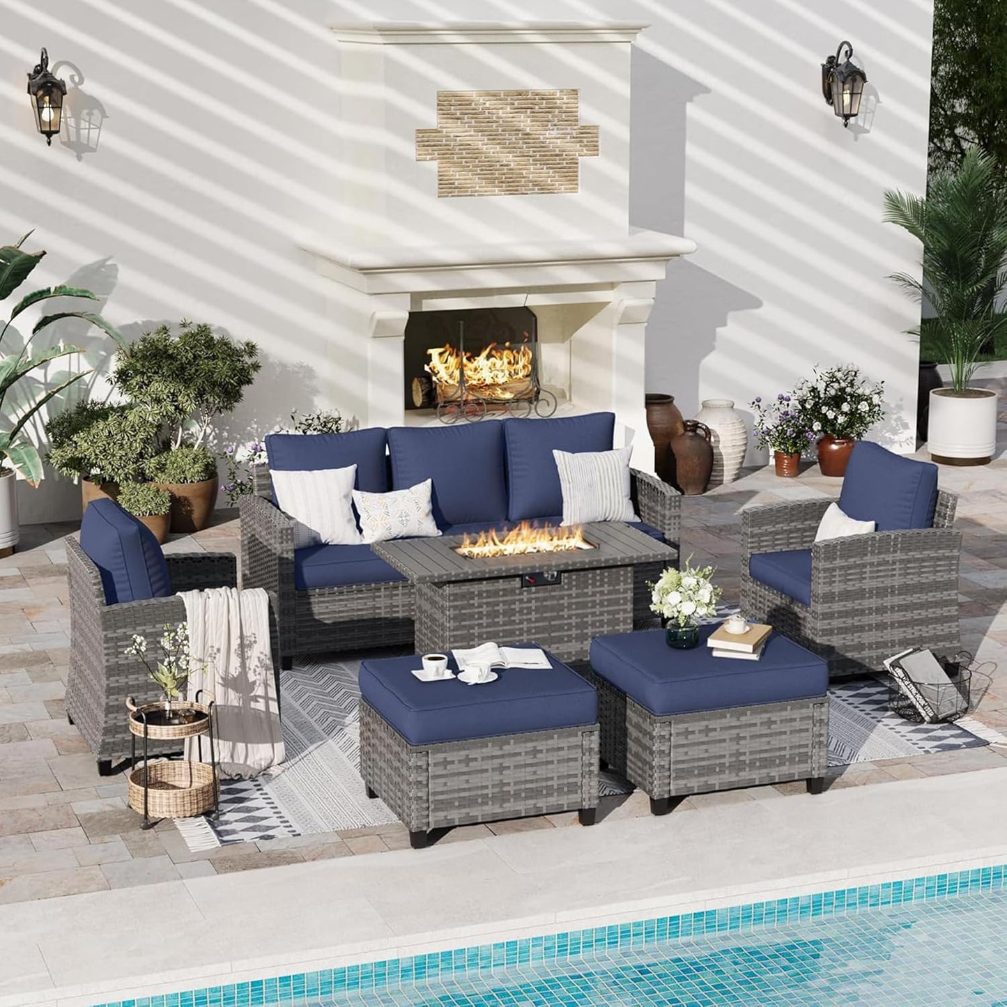 VONZOY 6 Pcs Patio Furniture Set with 44" Propane Gas Fire Pit Table, Rattan Outdoor Couch with Ottomans, 4" Thick Cushions for Backyard Garden Deck,Navy Blue