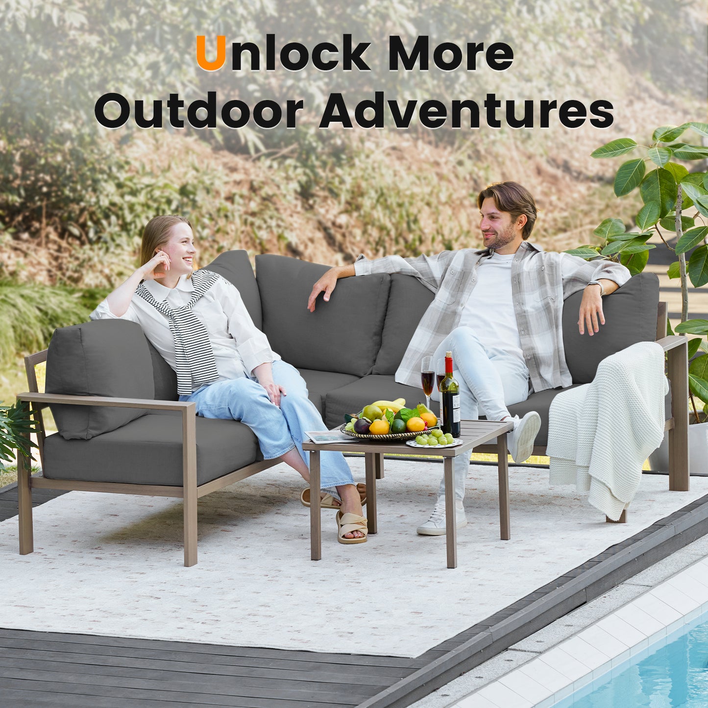 VONZOY 6 Pieces Patio Furniture Set, Wood-Look Metal Outdoor Sectional Furniture Conversation Set, L Shape Patio Couch with Side Table, 6.5" Thick Olefin Cushions for Garden, Backyard, Deck(Dark Grey)