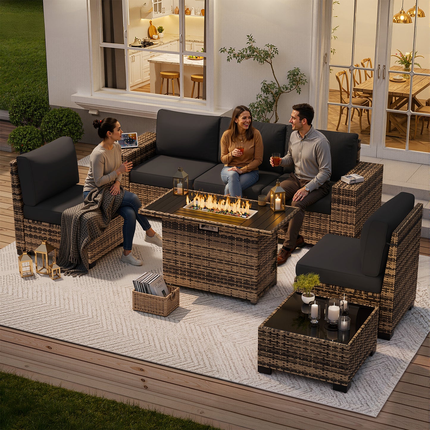 VONZOY Patio Furniture Set, Wide Armrest Outdoor Furniture Set with 44" Fire Pit Table Thick Cushions, 7 Piece Wicker Rattan Patio Sectional Sofa for Backyard, Poolside, Garden