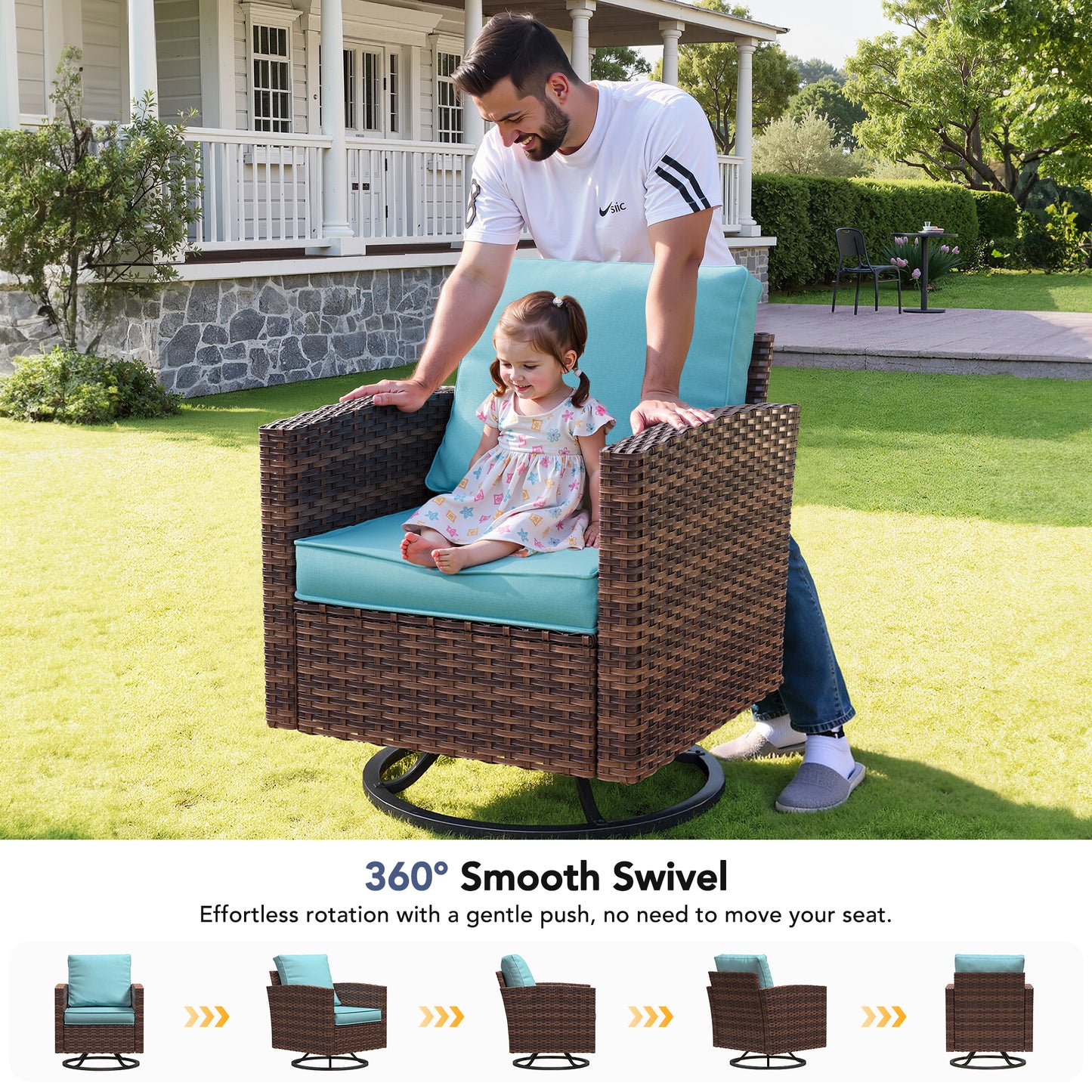 VONZOY 7 Pieces Patio Furniture Set with 44" Fire Pit Table, Patio Sectional Conversation Sets with Rocking Chair, Gas Fire Pit, Ottomans, Side Table, 4" Thick Cushion for Backyard Garden , Light Blue