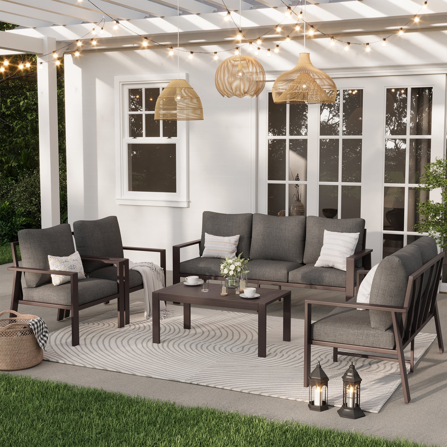5-Piece Outdoor Furniture All-Weather Aluminum Patio Conversation Set with Coffee Table Rust-Proof Sectional Sofa Set with Removable Cushion for Deck, Backyard, Poolside & Small Spaces