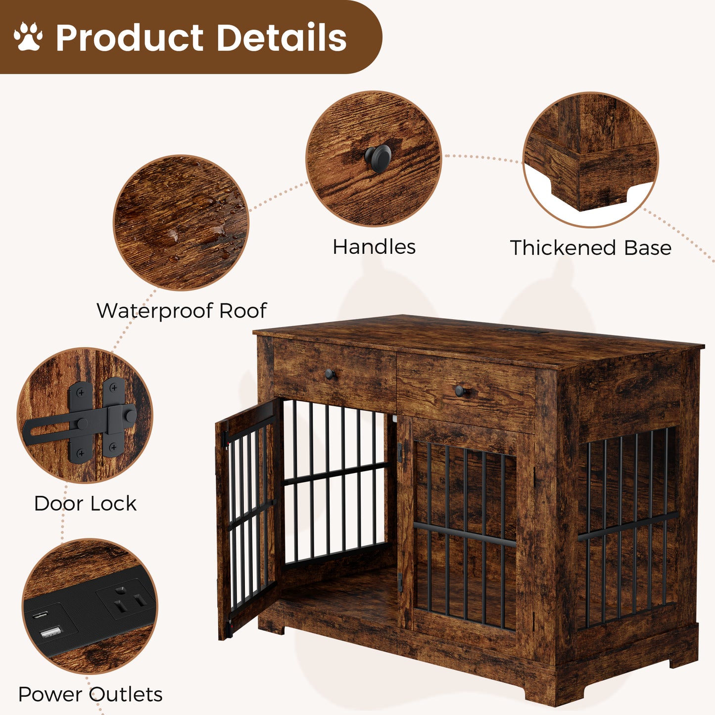 44.5" Dog Crate Furniture with Charging Station & 2 Drawers, Heavy-Duty Wooden Dog House Indoor Dog Kennel End Table with Double-Door Pet Cage for Small/Medium Dogs