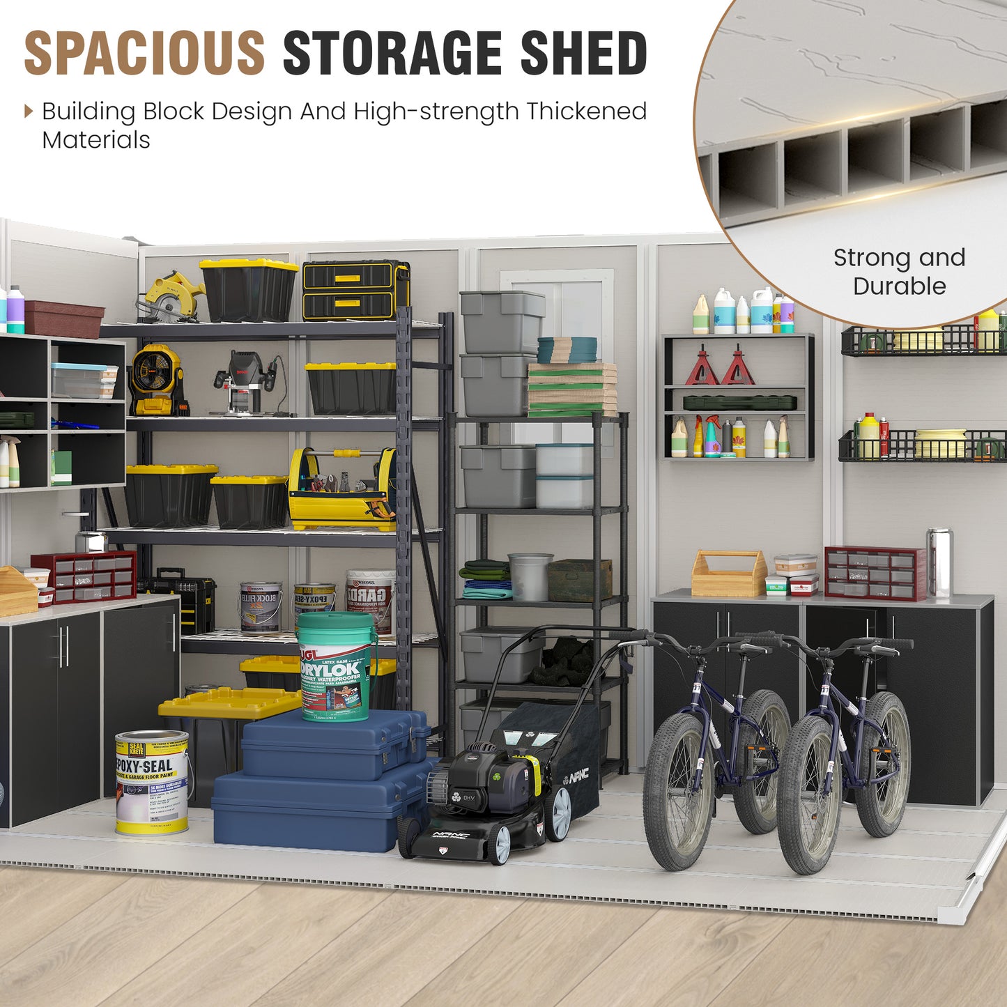 VONZOY Outdoor Storage Shed, 8x10 FT Resin Shed with Floor and Window, Lockable Door, Vents, Tool Sheds & Outdoor Storage for Bike, Tools, Garden Accessories, Waterproof