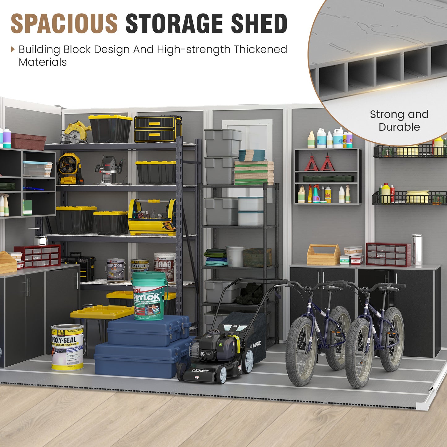 VONZOY Outdoor Storage Shed, 8x10 FT Resin Shed with Floor and Window, Lockable Door, Vents, Tool Sheds & Outdoor Storage for Bike, Tools, Garden Accessories, Waterproof