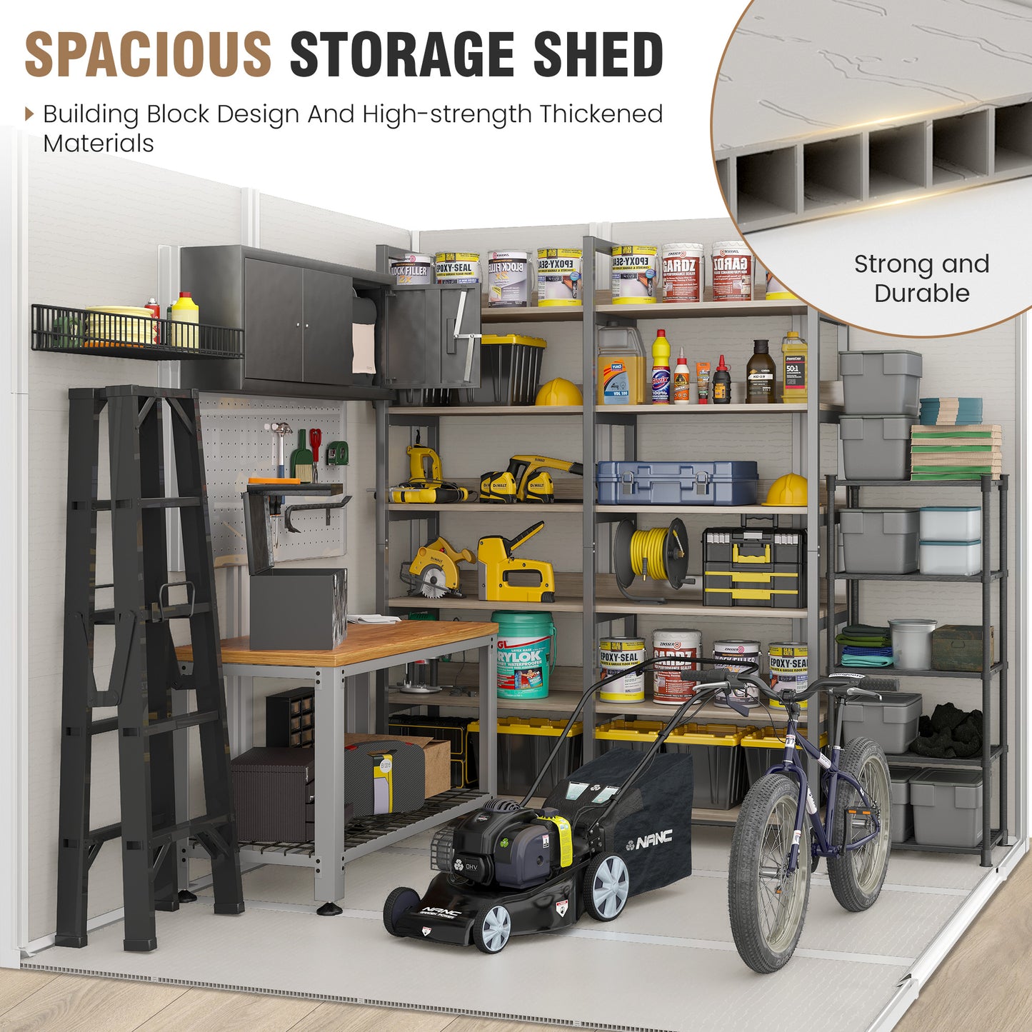 VONZOY Outdoor Storage Shed, 8x6 FT Resin Shed with Floor and Lockable Door, Window & Vents, Tool Sheds & Outdoor Storage for Bike, Garden Accessories, Tools, Waterproof