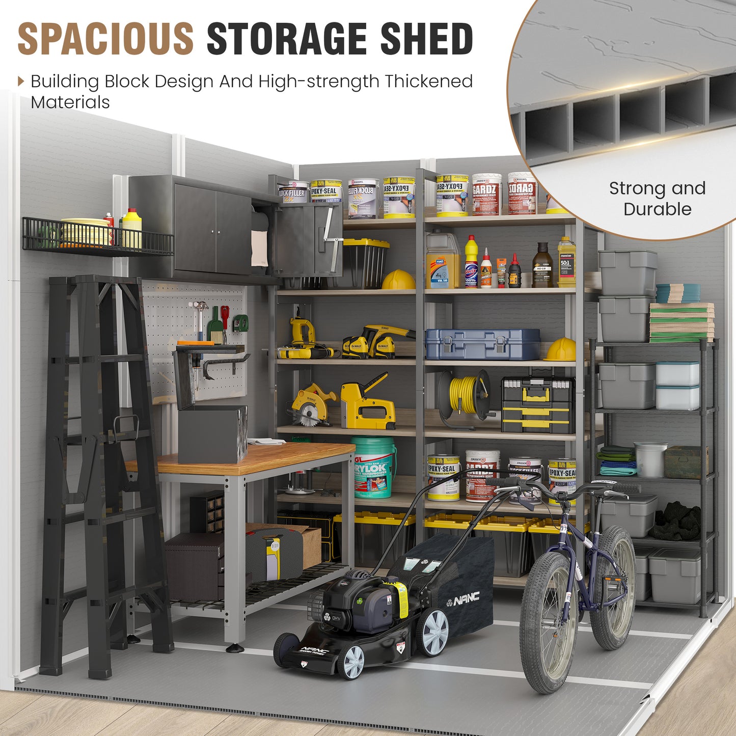VONZOY Outdoor Storage Shed, 8x6 FT Resin Shed with Floor and Lockable Door, Window & Vents, Tool Sheds & Outdoor Storage for Bike, Garden Accessories, Tools, Waterproof