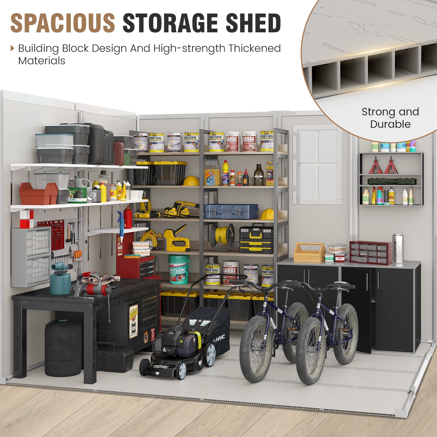 VONZOY Outdoor Storage Shed, 8x8 FT Resin Shed with Floor and Lockable Door, Window & Vents, Tool Sheds & Outdoor Storage for Bike, Garden Accessories, Tools, Waterproof