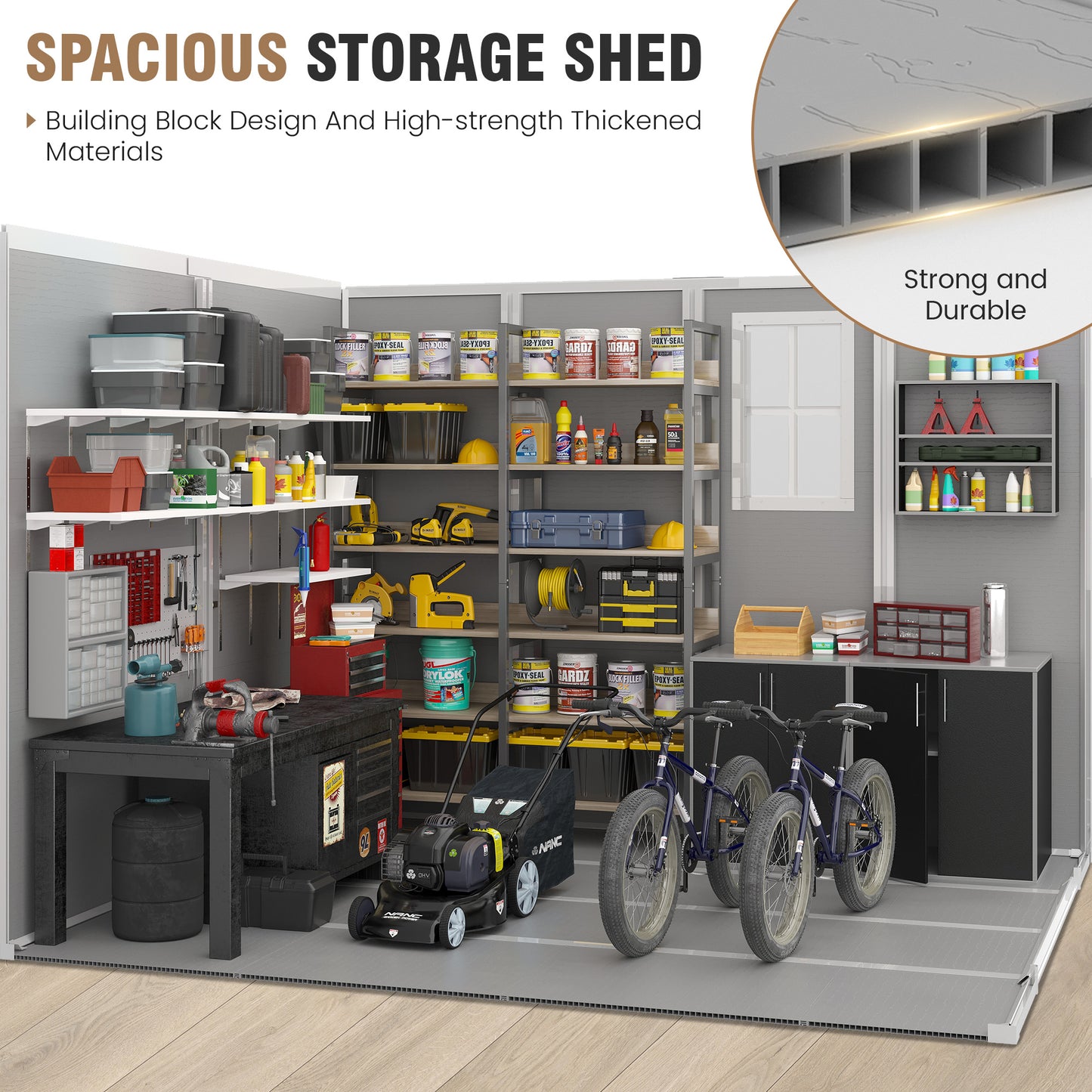 VONZOY Outdoor Storage Shed, 8x8 FT Resin Shed with Floor and Lockable Door, Window & Vents, Tool Sheds & Outdoor Storage for Bike, Garden Accessories, Tools, Waterproof
