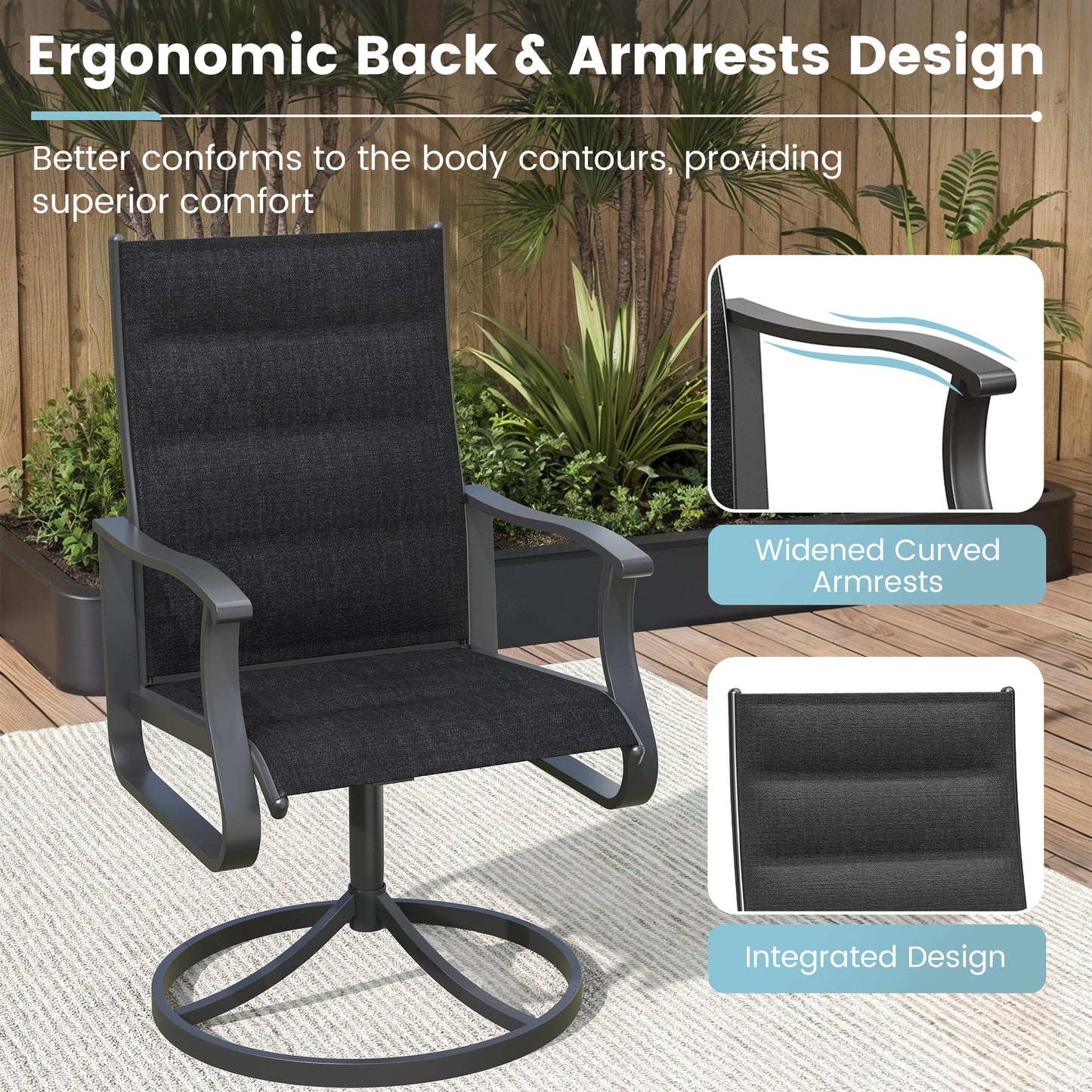 VONZOY Patio Swivel Chairs Set of 2, Outdoor Dining Chairs with High Back, 360° Swivel Rocker Chair in All-Weather Padded Textilene & Metal Frame for Garden, Porch, Backyard, Balcony(Padded Black)