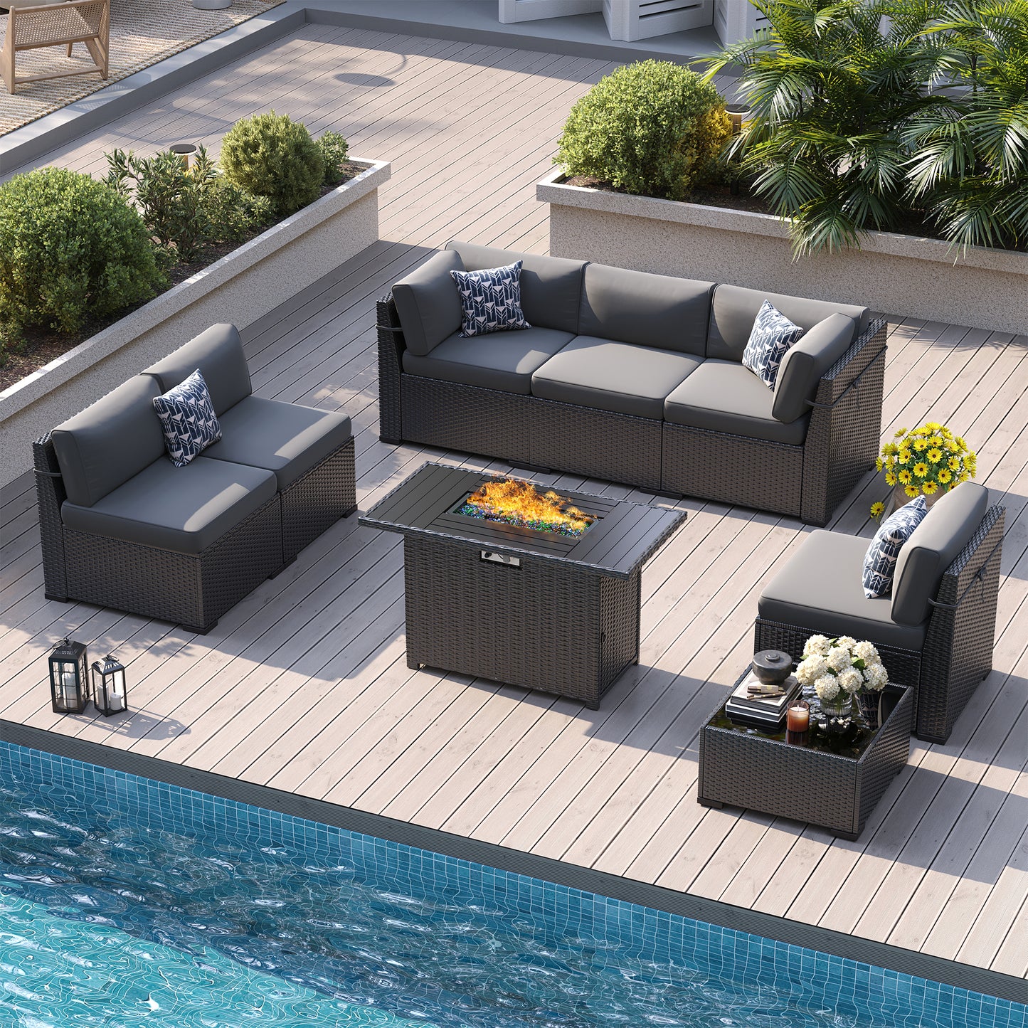 VONZOY 8-Piece Patio Furniture Set with 44” Fire Pit Table - All-Weather Wicker Conversation Sectional Sofa & Coffee Table with Thickened Cushions for Backyard, Garden(Grey)