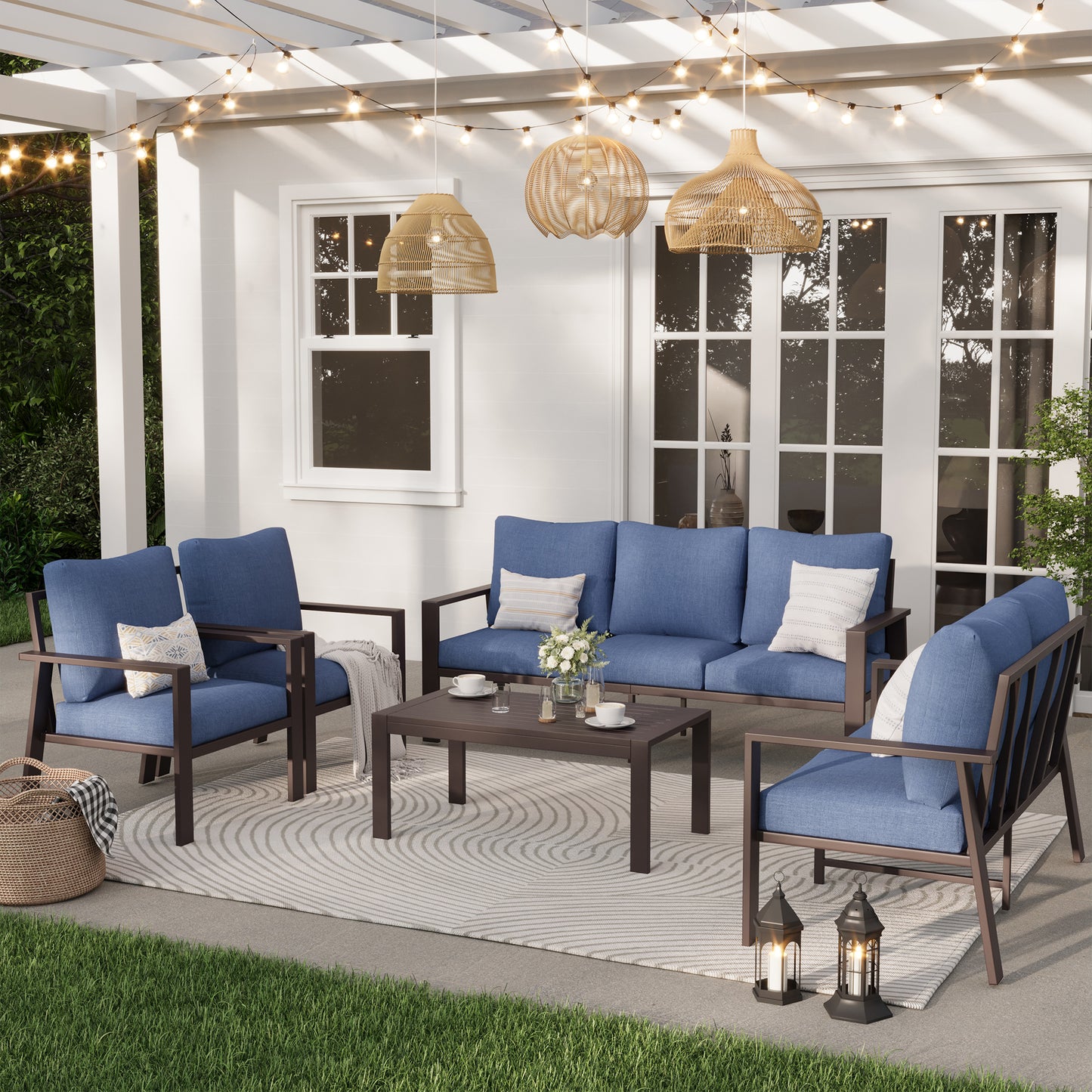5-Piece Outdoor Furniture All-Weather Aluminum Patio Conversation Set with Coffee Table Rust-Proof Sectional Sofa Set with Removable Cushion for Deck, Backyard, Poolside & Small Spaces