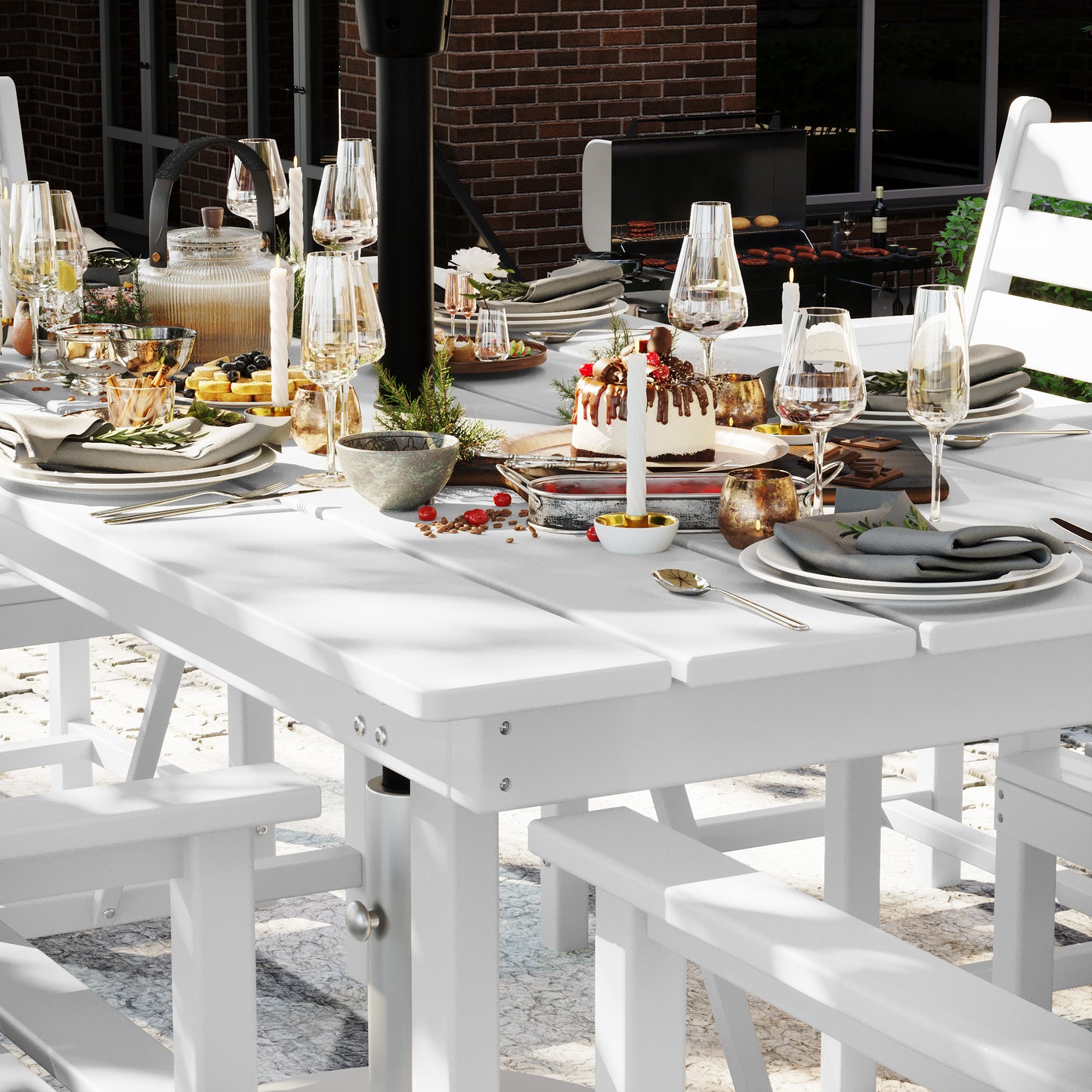 Vonzoy 7-Piece Patio Dining Sets, HDPE Outdoor Furniture with Umbrella Hole, Modern 7 Piece Dining Table Set with Chairs，Patio Table and Chairs Set for Garden, Backyard, Poolside, White (6+1)