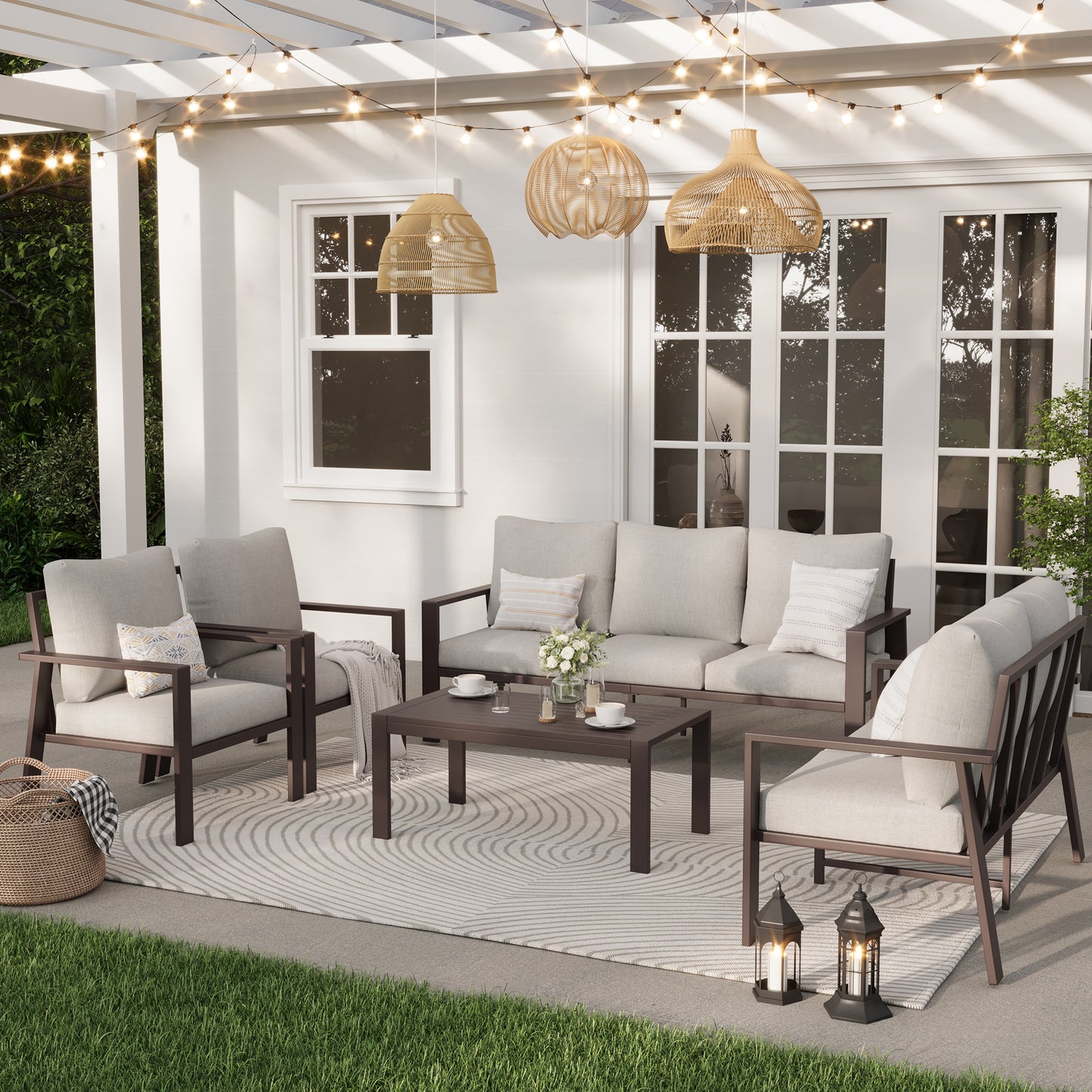 5-Piece Outdoor Furniture All-Weather Aluminum Patio Conversation Set with Coffee Table Rust-Proof Sectional Sofa Set with Removable Cushion for Deck, Backyard, Poolside & Small Spaces