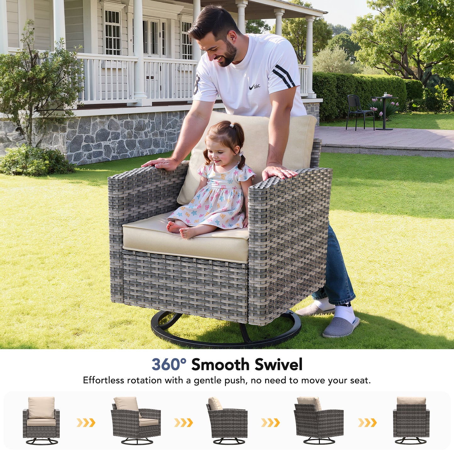 VONZOY 7 Pieces Patio Furniture Set with 44" Fire Pit Table, Patio Sectional Conversation Sets with Rocking Chair, Gas Fire Pit, Ottomans, Side Table, 4" Thick Cushion for Backyard Garden , Khaki