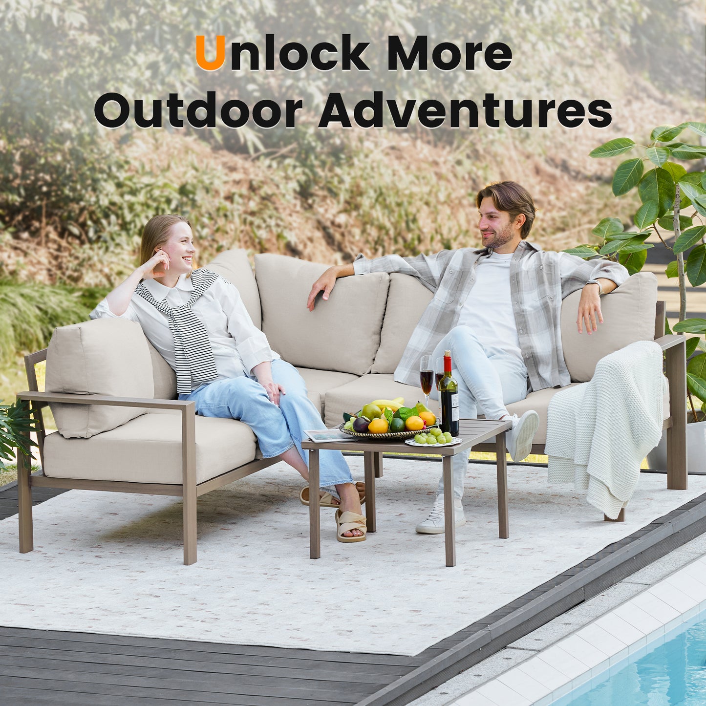 VONZOY 6 Pieces Patio Furniture Set, Wood-Look Metal Outdoor Sectional Furniture Conversation Set, L Shape Patio Couch with Side Table, 6.5" Thick Olefin Cushions for Garden, Backyard, Deck(Beige)