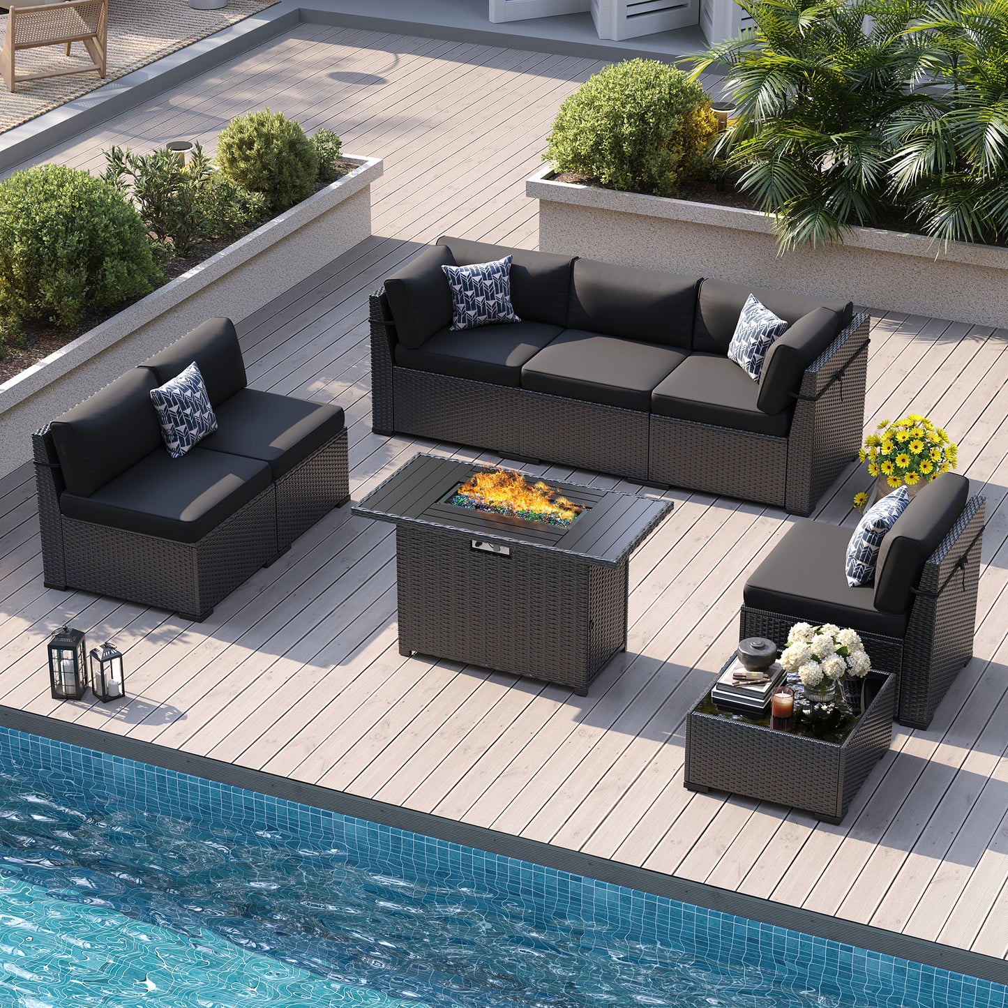 VONZOY Patio Furniture Sets, 7-Piece Outdoor Patio Furniture with Thick Cushions,Coffee Table Outdoor All-Weather Conversation Set Sectional Sofa for Backyard, Poolside, Garden(Black)