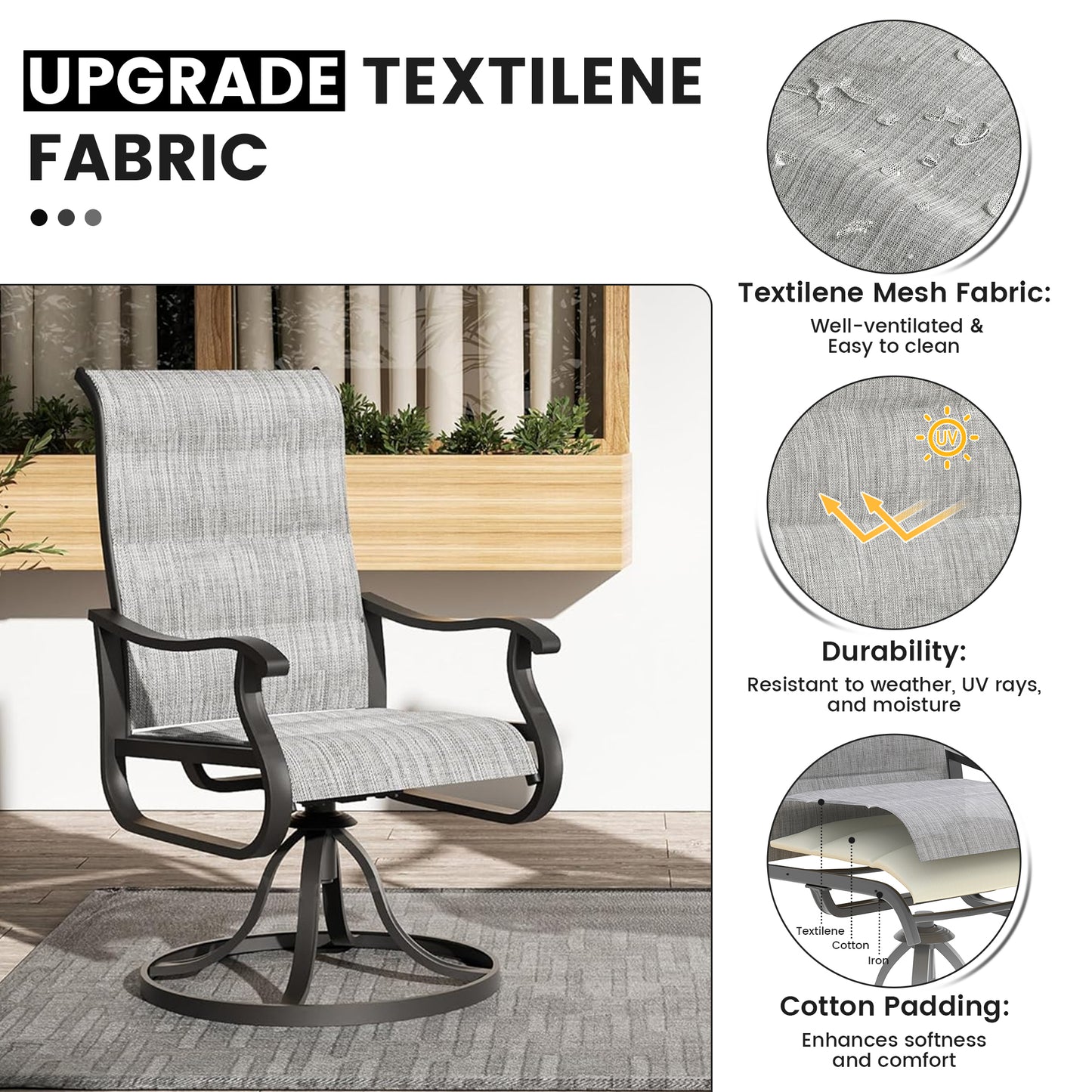 VONZOY Patio Swivel Chairs Set of 4, Outdoor Dining Chairs with High Back, All-weather Swivel Rocker Chair for Lawn, Porch or Garden (Padded Grey)