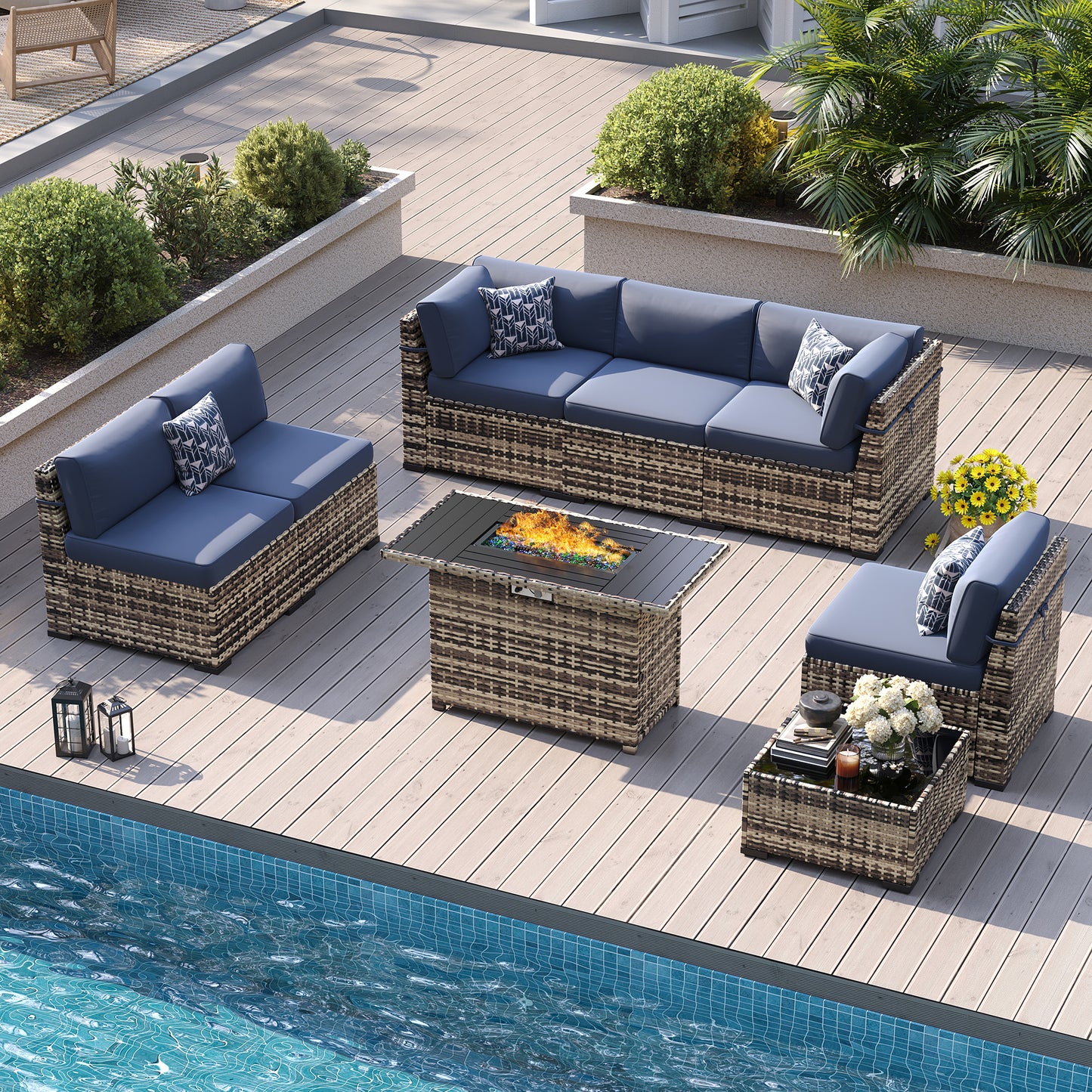 VONZOY 8-Piece Patio Furniture Set with 44” Fire Pit Table - All-Weather Wicker Conversation Sectional Sofa & Coffee Table with Thickened Cushions for Backyard, Garden(Navy Blue)