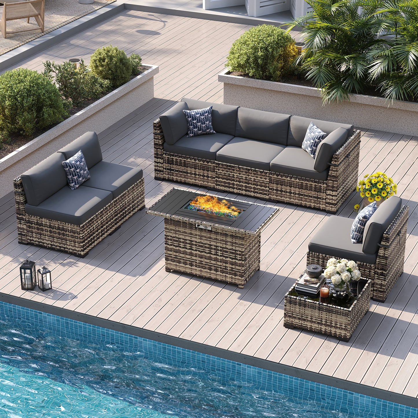 VONZOY 8-Piece Patio Furniture Set with 44” Fire Pit Table - All-Weather Wicker Conversation Sectional Sofa & Coffee Table with Thickened Cushions for Backyard, Garden(Grey)