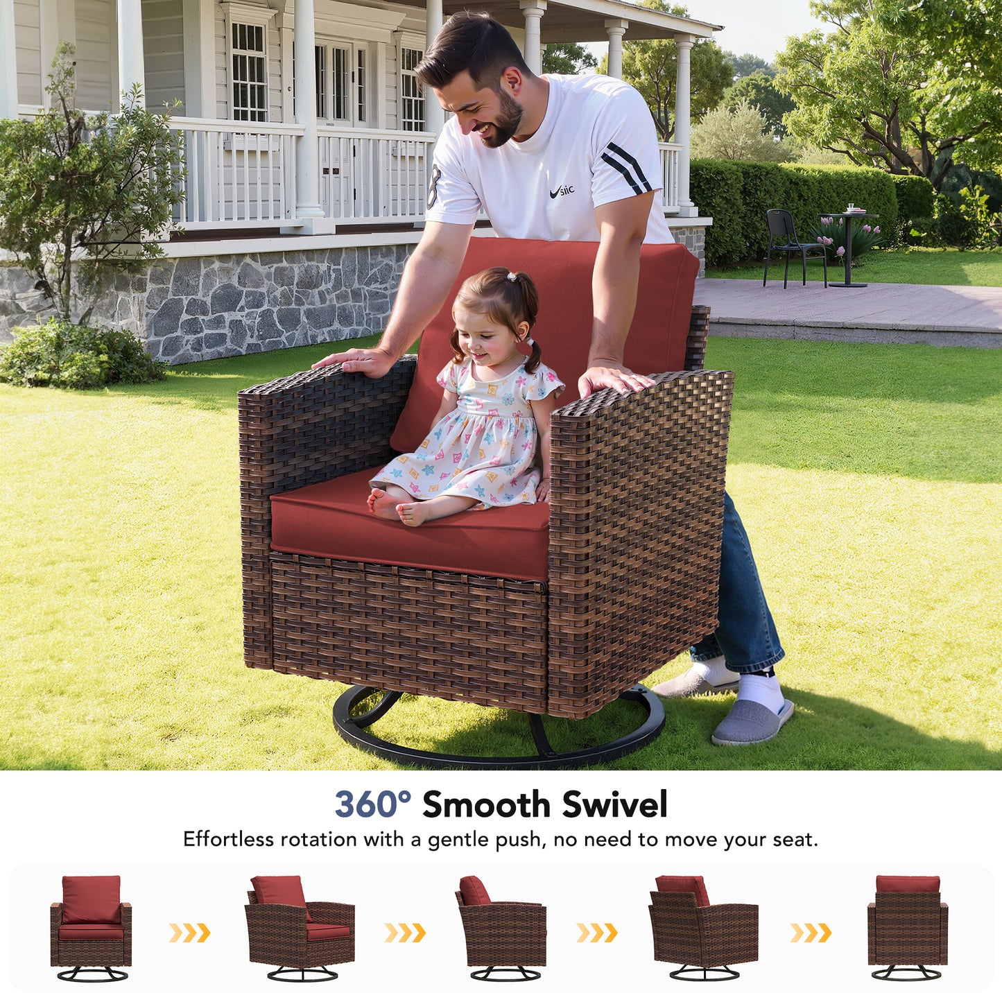 VONZOY Patio Furniture Sets, 6 Pieces Patio Outdoor Sectional Furniture, Wicker Rattan Conversation Sofa with Rocking Chair, Ottomans, Side Table, Wine Red Cushion