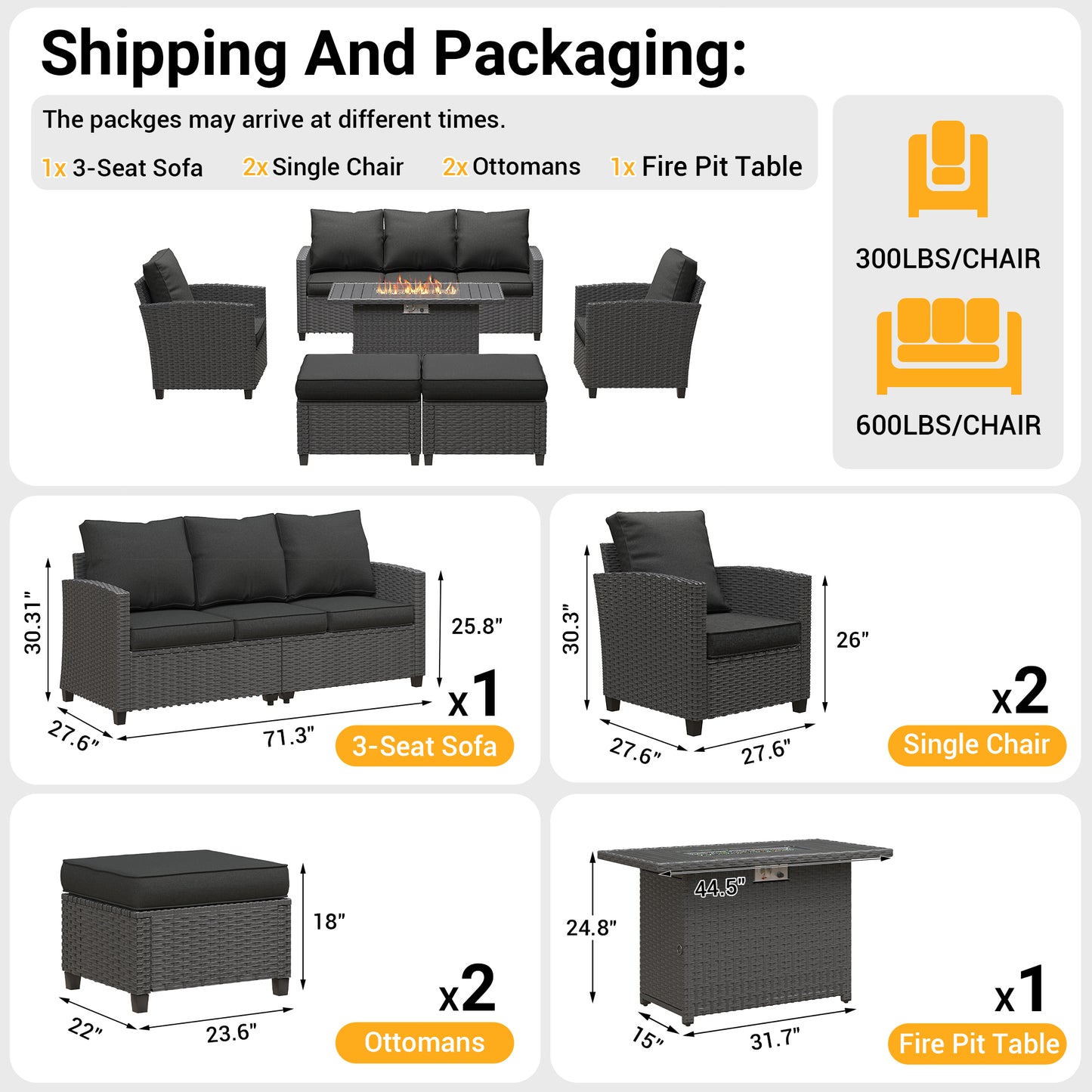 VONZOY 6 Pcs Patio Furniture Set with 44" Propane Gas Fire Pit Table, Rattan Outdoor Couch with Ottomans, 4" Thick Cushions for Backyard Garden Deck.Black