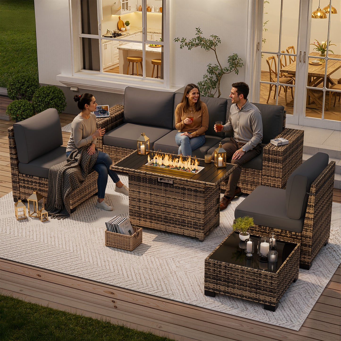 VONZOY Patio Furniture Set, Wide Armrest Outdoor Furniture Set with 44" Fire Pit Table Thick Cushions, 7 Piece Wicker Rattan Patio Sectional Sofa for Backyard, Poolside, Garden