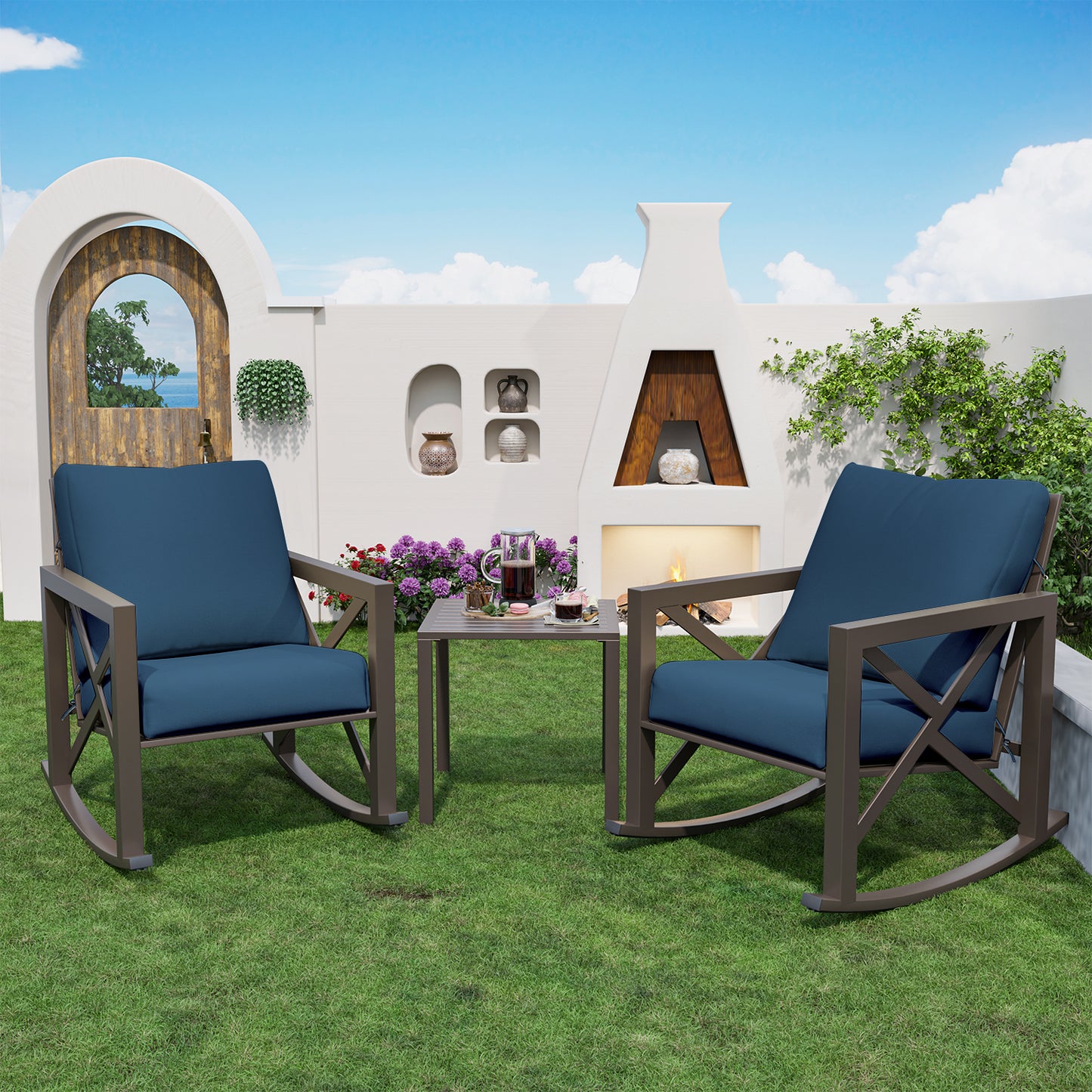 VONZOY Outdoor Rocking Bistro Set, Patio Rocking Chairs Set of 2 with Coffee Table, 3 Pieces Metal Conversation Sets with 6.5" Thick Cushions for Backyard, Porch, Poolside, Oversized (Blue)
