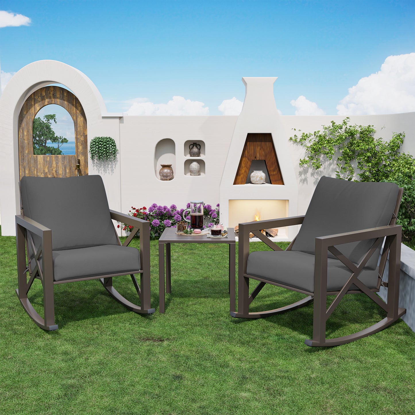VONZOY Outdoor Rocking Bistro Set, Patio Rocking Chairs Set of 2 with Coffee Table, 3 Pieces Metal Conversation Sets with 6.5" Thick Cushions for Backyard, Porch, Poolside, Oversized (Gray)