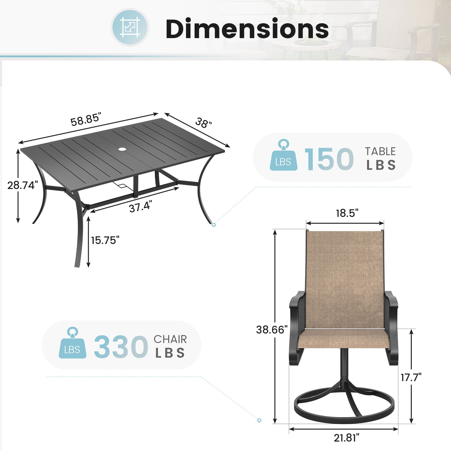 VONZOY 7 Pieces Patio Dining Set, Patio Outdoor Furniture Set of 6 Patio Swivel Dining Chairs and Patio Spliced Rectangular Tabletop with Umbrella Hole, for Deck, Backyard, Poolside & Garden