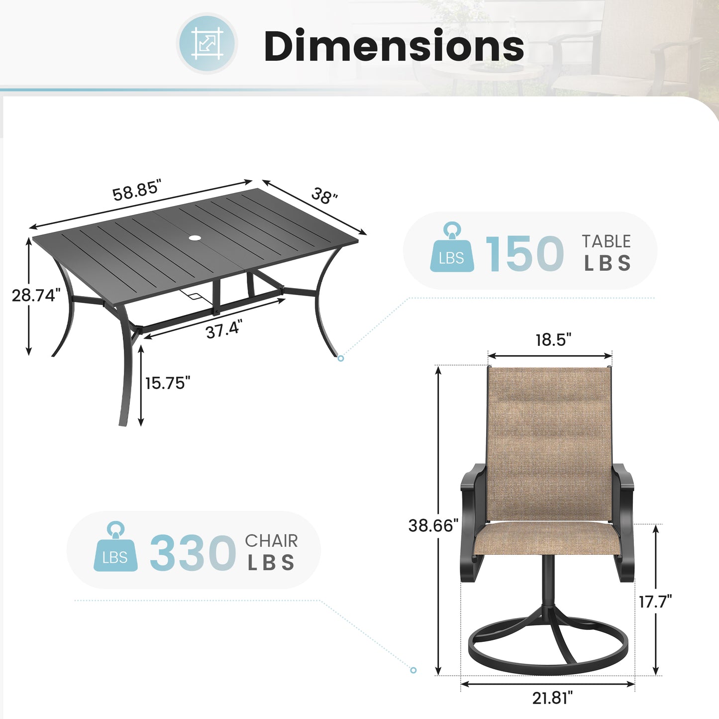 VONZOY 7 Pieces Patio Dining Set, Padded Patio Outdoor Furniture Set of 6 Patio Swivel Dining Chairs and Patio Spliced Rectangular Tabletop with Umbrella Hole, for Deck, Backyard, Poolside & Garden